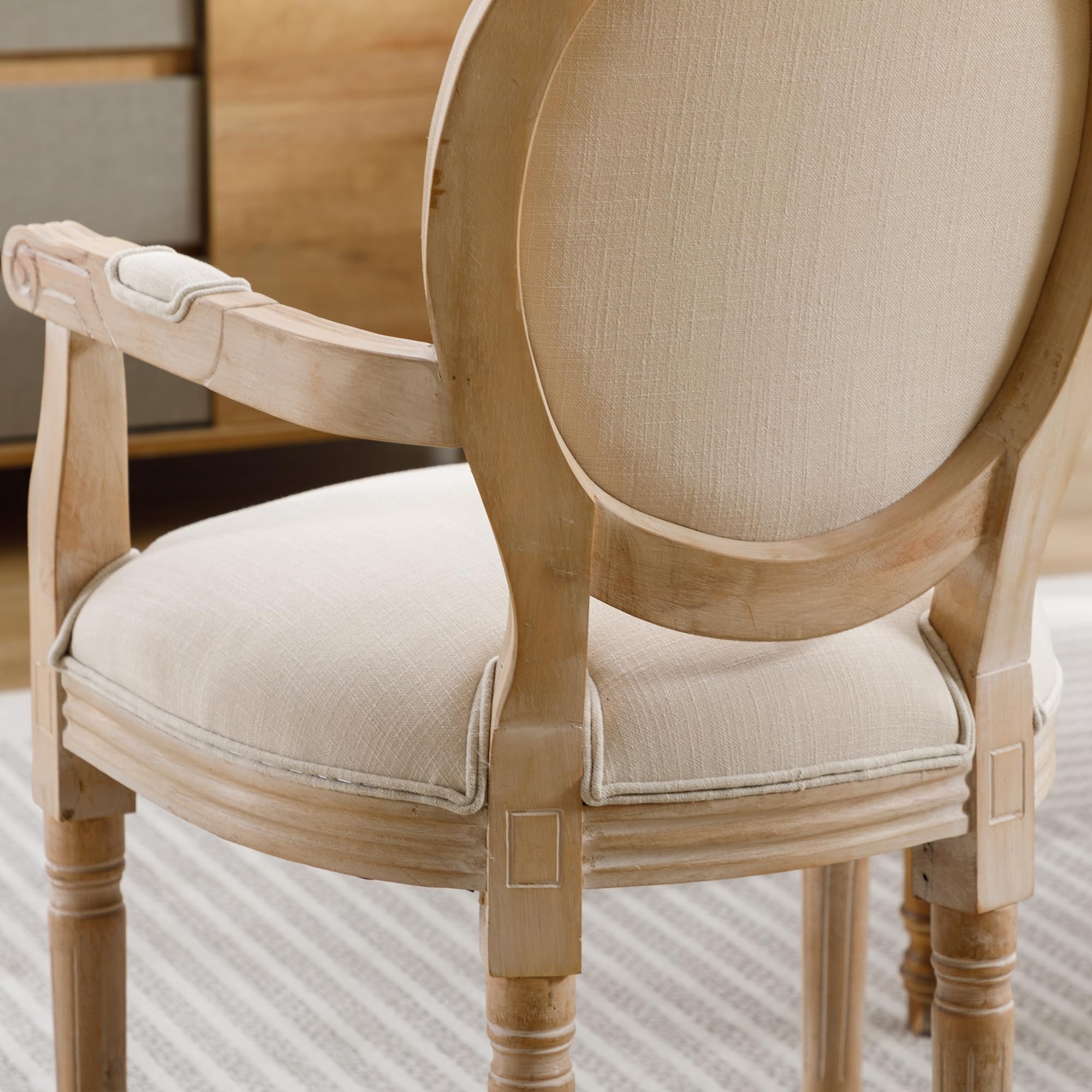 Solid Wood French Dining Chairs Set of 2 - Rustic Carved Wood Frame with Cane Back & Linen Upholstered Seat - Elegant Bistro Armchairs for Dining Room, Wedding, Living Room & Kitchen Decor