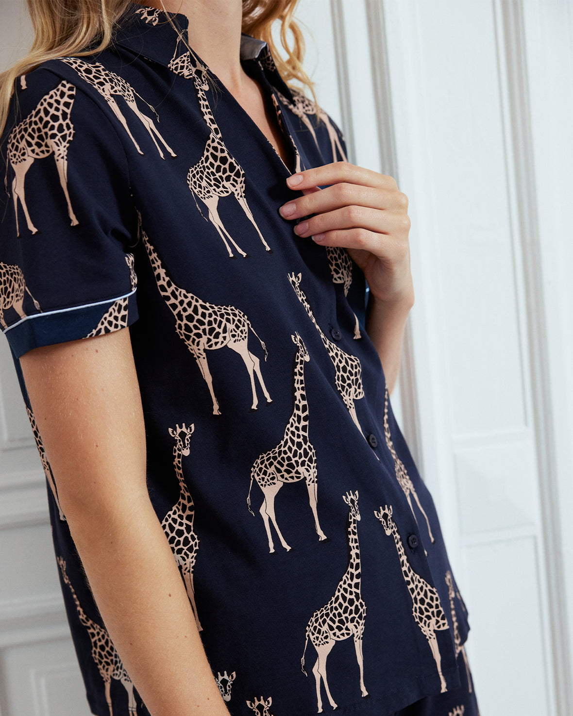 Organic Cotton Giraffe Print Short Pajama Set for Women - Soft & Breathable Sleepwear - Navy Blue - Perfect for Summer Nights & Lounge Wear