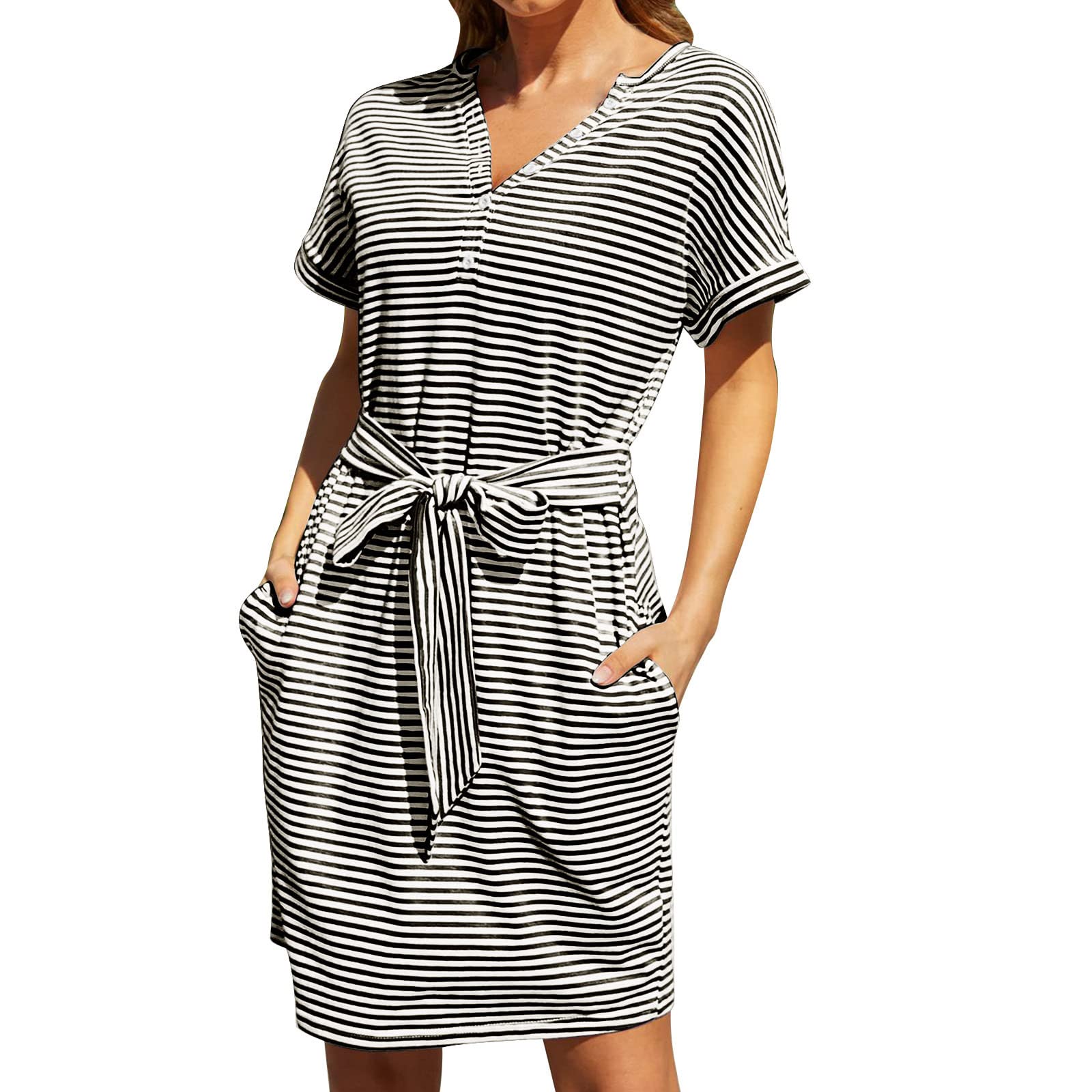 Women's Casual Summer Striped Button-Up Short Sleeve T-Shirt Midi Dress with Pockets - Perfect for Beach Vacations, Weekend Outings & Summer Holidays