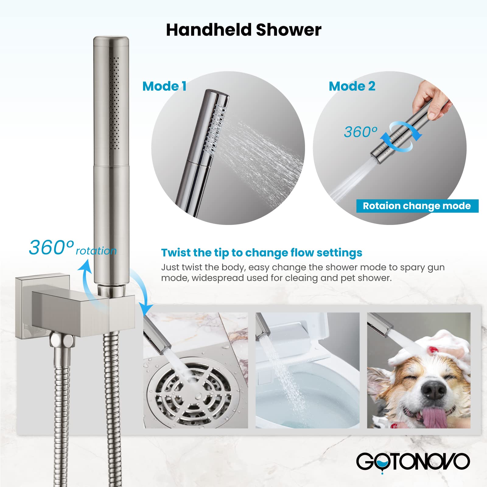Gotonovo 12 Inch Square Ceiling Mount Rainfall Shower System - Brushed Nickel 2-in-1 Shower Faucet Set with Handheld Showerhead & Rough-in Valve for Modern Bathroom Remodel | Spa-Like Shower Experience for Luxury Homes & Hotels