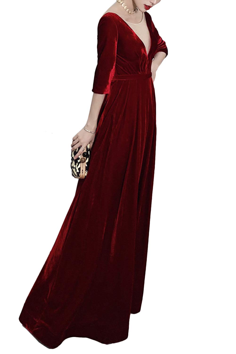 Monalia Women's Deep V-Neck Velvet Long A-Line Evening Prom Gown - Half Sleeve Formal Dress (Emerald Green, US Size 22W) for Parties, Weddings & Special Occasions