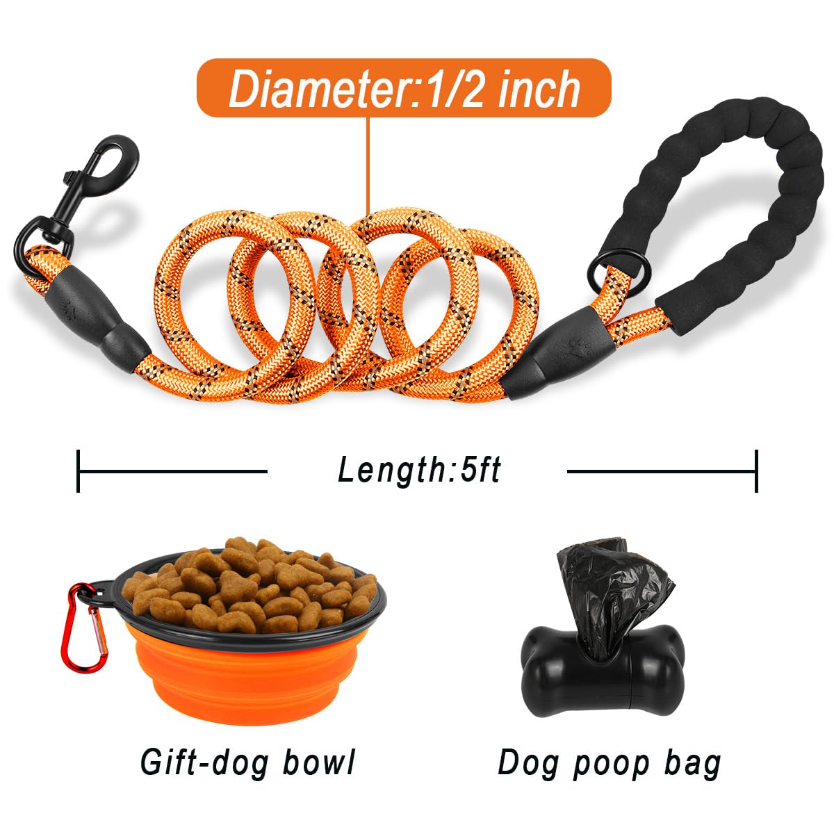 **BARKBAY Heavy Duty Dog Leash for Large Dogs - 5FT Reflective Leash with Padded Handle for Walking, Running & Training - Durable & Comfortable for Medium to Large Breeds (Orange, 1/2'') - Perfect for Night Walks & Outdoor Adventures**