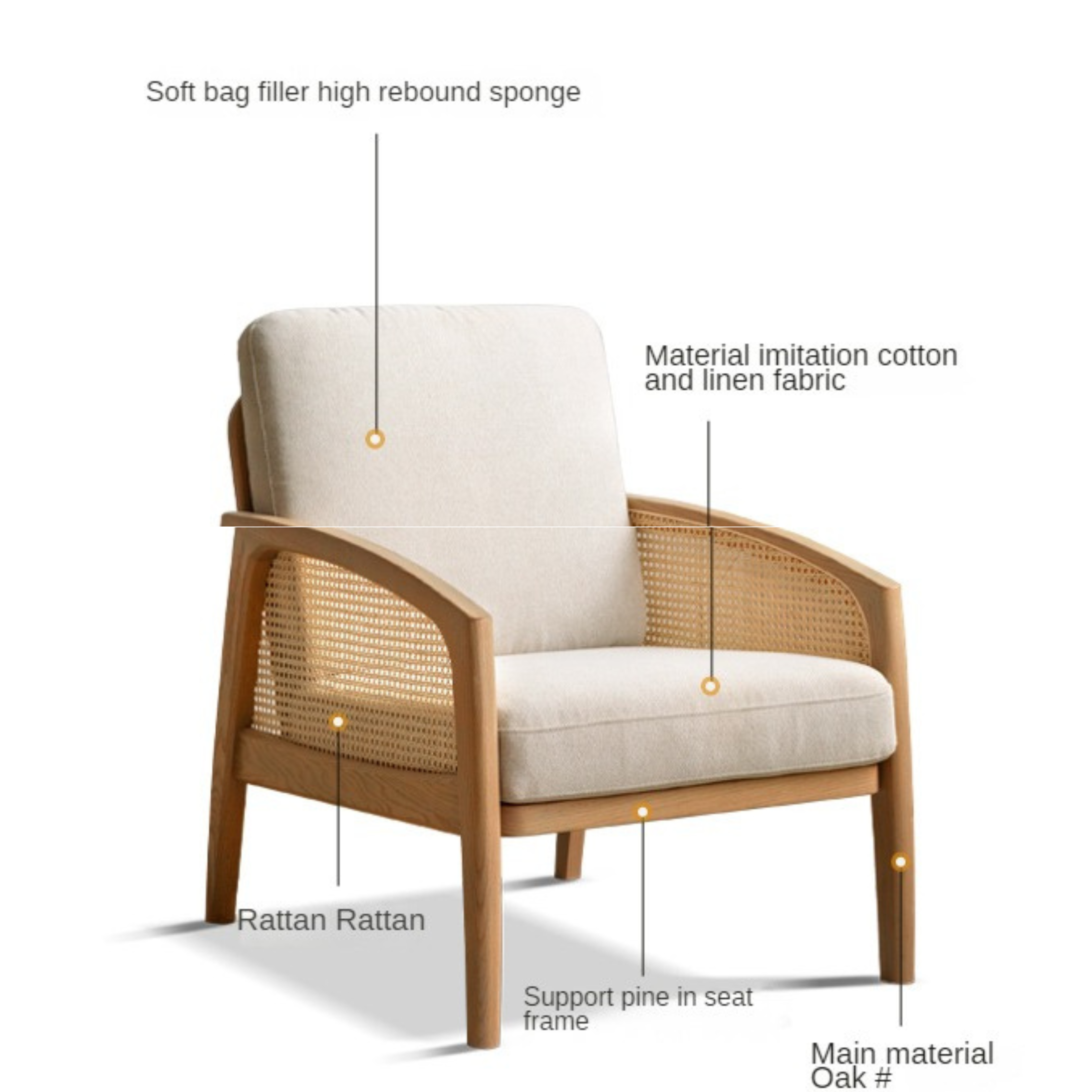 Solid Oak Wood Armchair with Milky Skin Tone Finish and Rattan Accents - Perfect for Living Room, Bedroom, or Office Decor