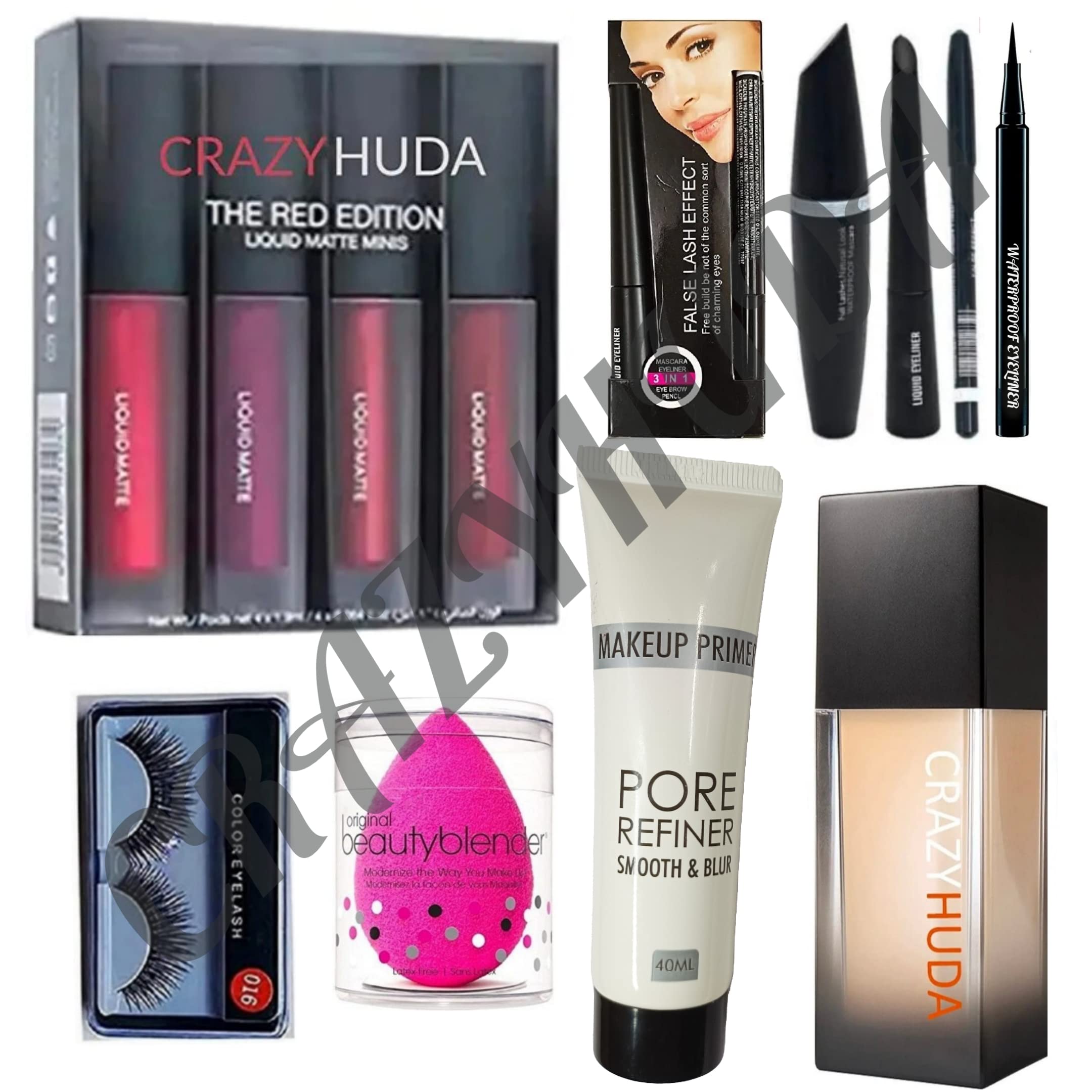 Huda Beauty Waterproof Long-Lasting Makeup Kit - Red Edition (3-in-1 Mascara, Liquid Eyeliner, Eyebrow Pencil, Foundation & Pore Refiner with Beauty Blender) - 7-Piece Set for Party, Wedding & Night Out Makeup