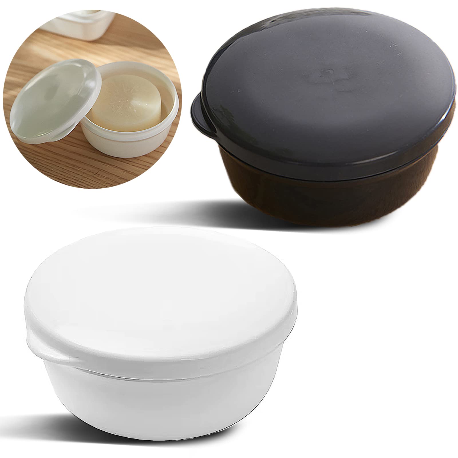 2 Pack Portable Round Soap Dishes with Lid - Leak Proof Plastic Soap Holder for Travel, Bathroom & Shower - Black and White Soap Container for Bar Soap Storage
