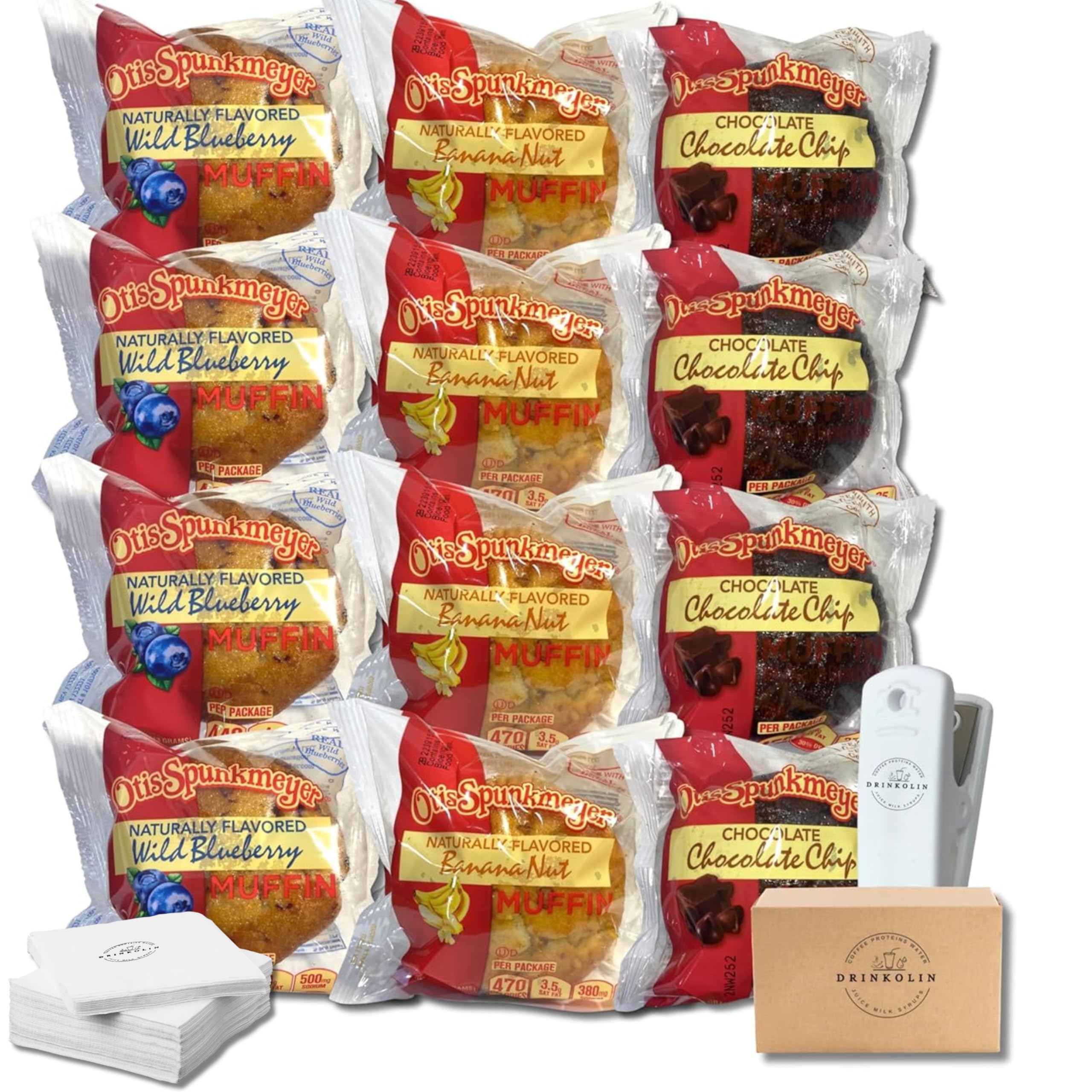 Otis Spunkmeyer Assorted Muffins Variety Pack - 12 Individually Wrapped Muffins (Chocolate Chip, Blueberry, Banana Nut) with Free Gift Bag Clip - Perfect for Office Snacks, School Lunches & Breakfast On-The-Go