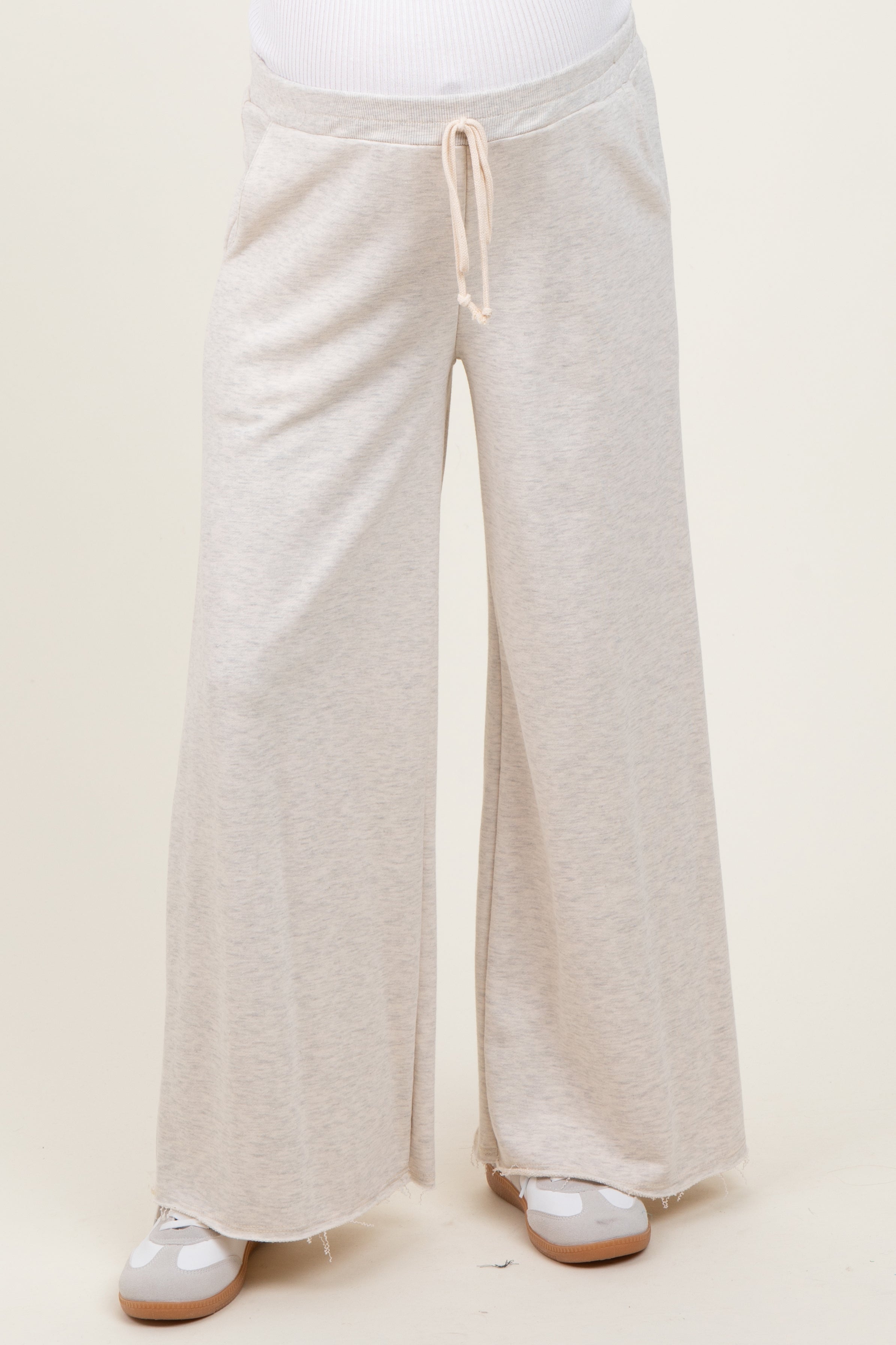 Beige French Terry Maternity Pants for Women - Comfortable Wide Leg Raw Edge Pregnancy Lounge Pants for Relaxing at Home & Maternity Photos