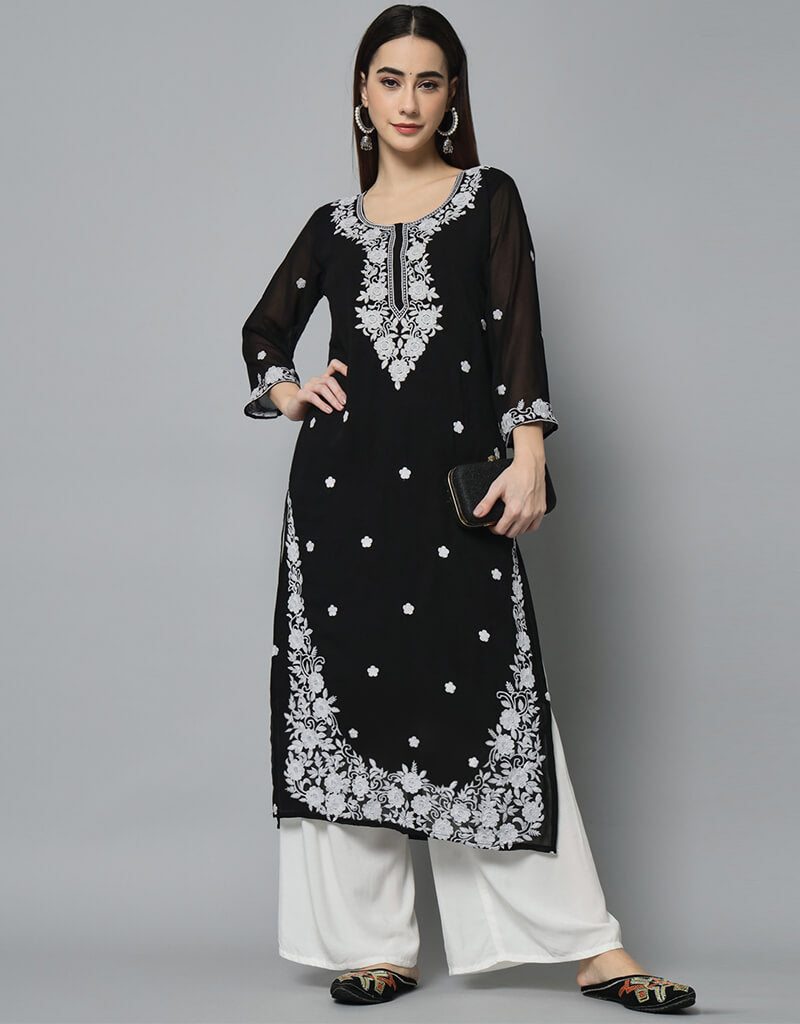 Black Georgette Palazzo Straight Pants for Women - Elegant Wide Leg Trousers for Office, Party & Casual Wear