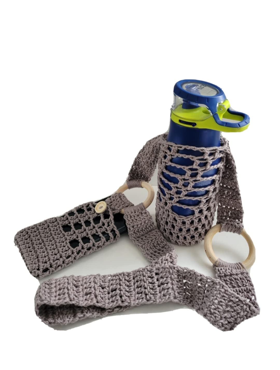 Adjustable Crossbody Water Bottle Holder with Phone Pocket - Handmade Crochet Bottle Carrier for Hiking, Gym & Travel (Blue) - Perfect for Outdoor Activities, Workouts and Daily Commute