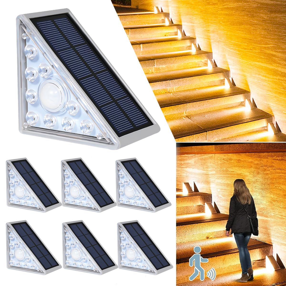 6 Pack Solar Motion Sensor Step Lights - IP67 Waterproof LED Stair Lights with Dusk to Dawn Sensor | Warm White Outdoor Lighting for Garden, Patio, Deck & Yard Pathways | Perfect for Nighttime Safety & Landscape Accent