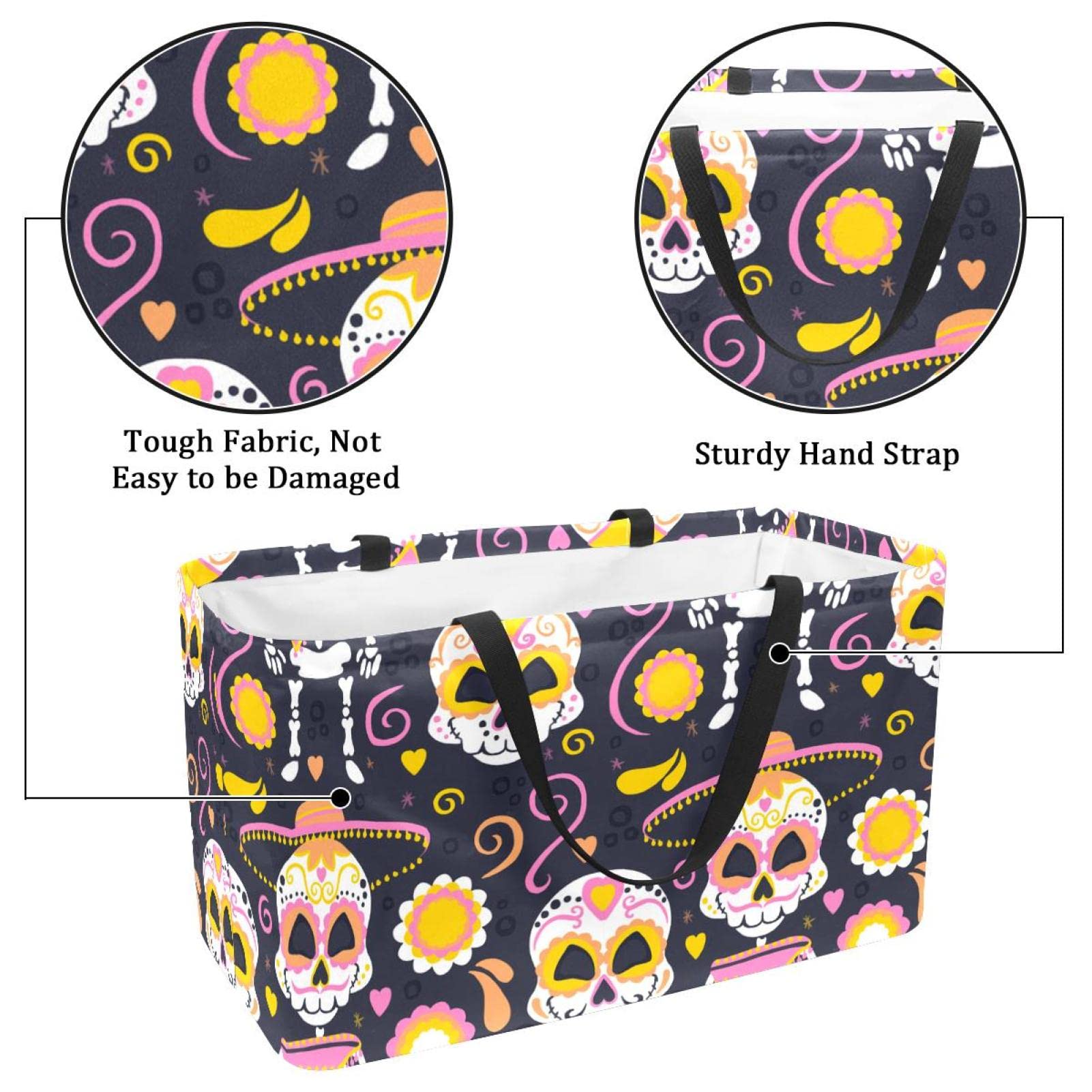 Skull Print Water-Resistant Collapsible Grocery Tote Bag - Heavy Duty Reusable Shopping Basket (22x12.6x11.4 Inches) for Supermarket, Beach & Halloween Shopping