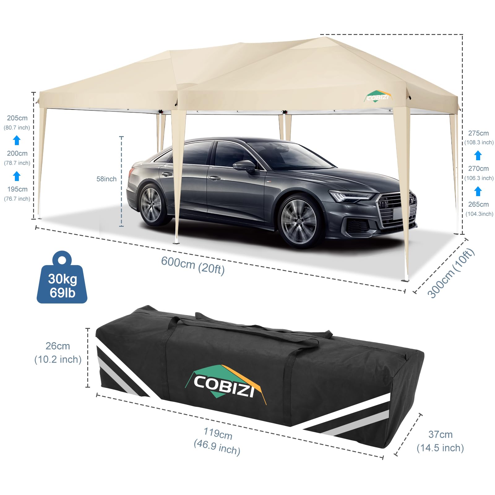 COBIZI 10x20ft Pop Up Canopy Tent - Waterproof Instant Shelter for Outdoor Events, Weddings & Commercial Use | Portable Gazebo for Camping, Backyard Parties & Car Protection (Khaki)