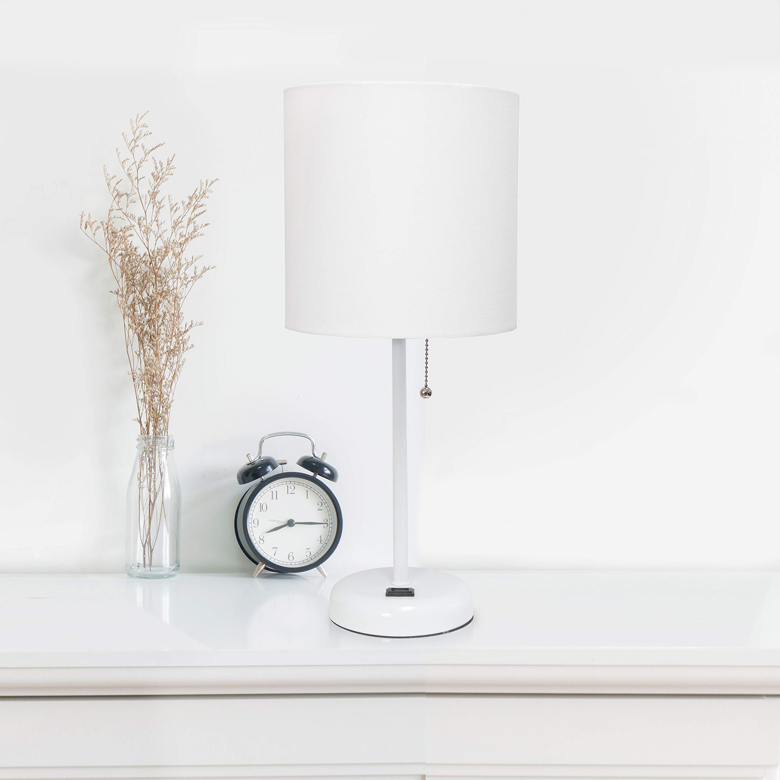 Simple Designs LT2024-WOW White Stick Table Desk Lamp with USB Charging Outlet & Drum Fabric Shade - Modern Office Lighting for Home, Study, Bedroom & Workspace