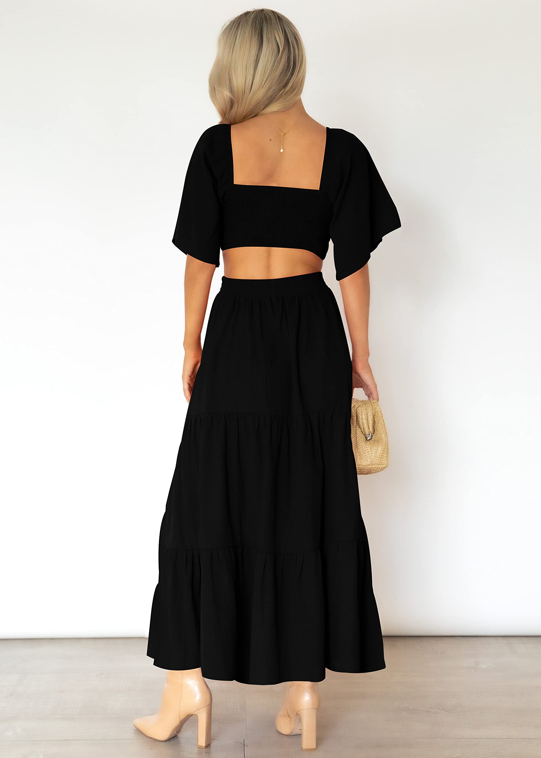 LEANI Women's 2025 Summer Cutout Maxi Dress - Square Neck, Short Sleeve, Crossover Waist Casual Party Dress for Beach, Wedding & Evening Events | Flowy Boho Chic Style