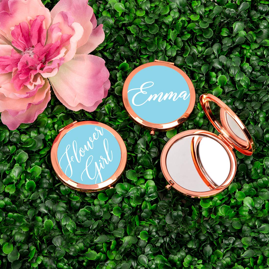 Rose Gold Compact Mirror with Floral Design - Perfect Wedding Gift for Flower Girls, Bridesmaids & Bachelorette Parties (Light Baby Blue, 1-Pack) | Ideal for Bridal Showers, Wedding Favors & Special Occasions