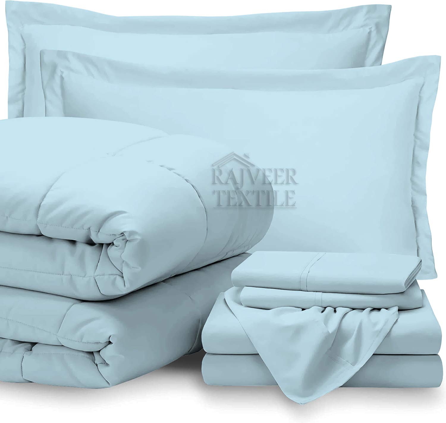 7-Piece Full Size Bed-in-a-Bag Set - Light Blue Solid Comforter & 18