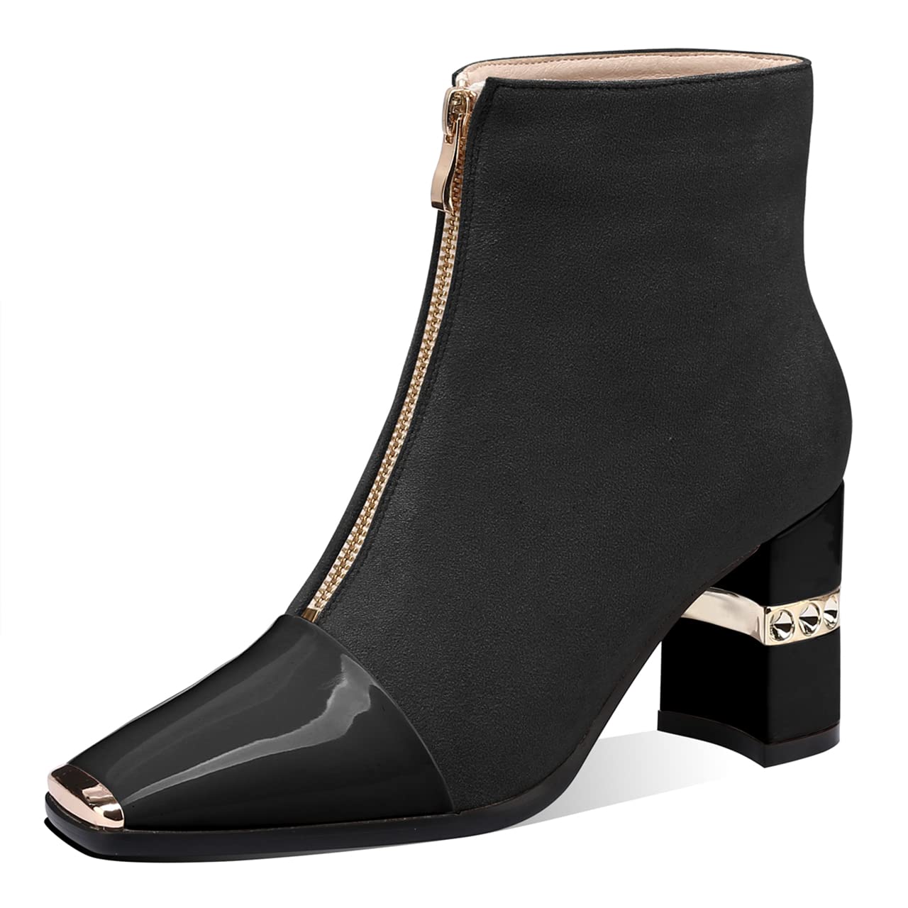 MIRAAZZURRA Women's Chunky Heel Ankle Booties - Square Toe Zipper Casual Boots for Women | Black High Heel Shoes for Office, Party & Everyday Wear
