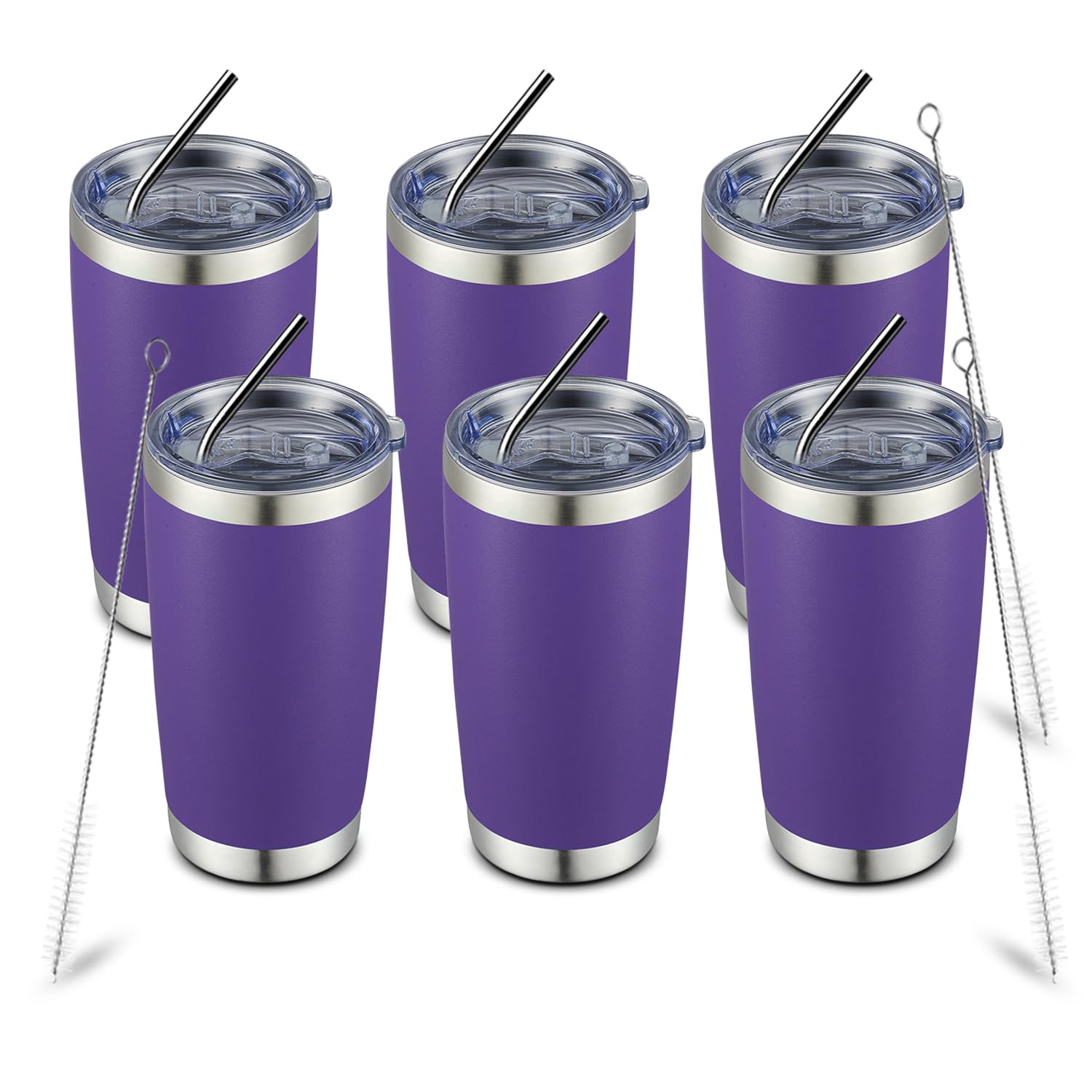 COMOOO 20oz Stainless Steel Tumbler with Lid & Straw - Double Wall Vacuum Insulated Travel Mug - Powder Coated Durable Coffee Cup for Hot & Cold Drinks (Purple, 6 Pack) - Perfect for Office, Gym, Camping & Outdoor Activities