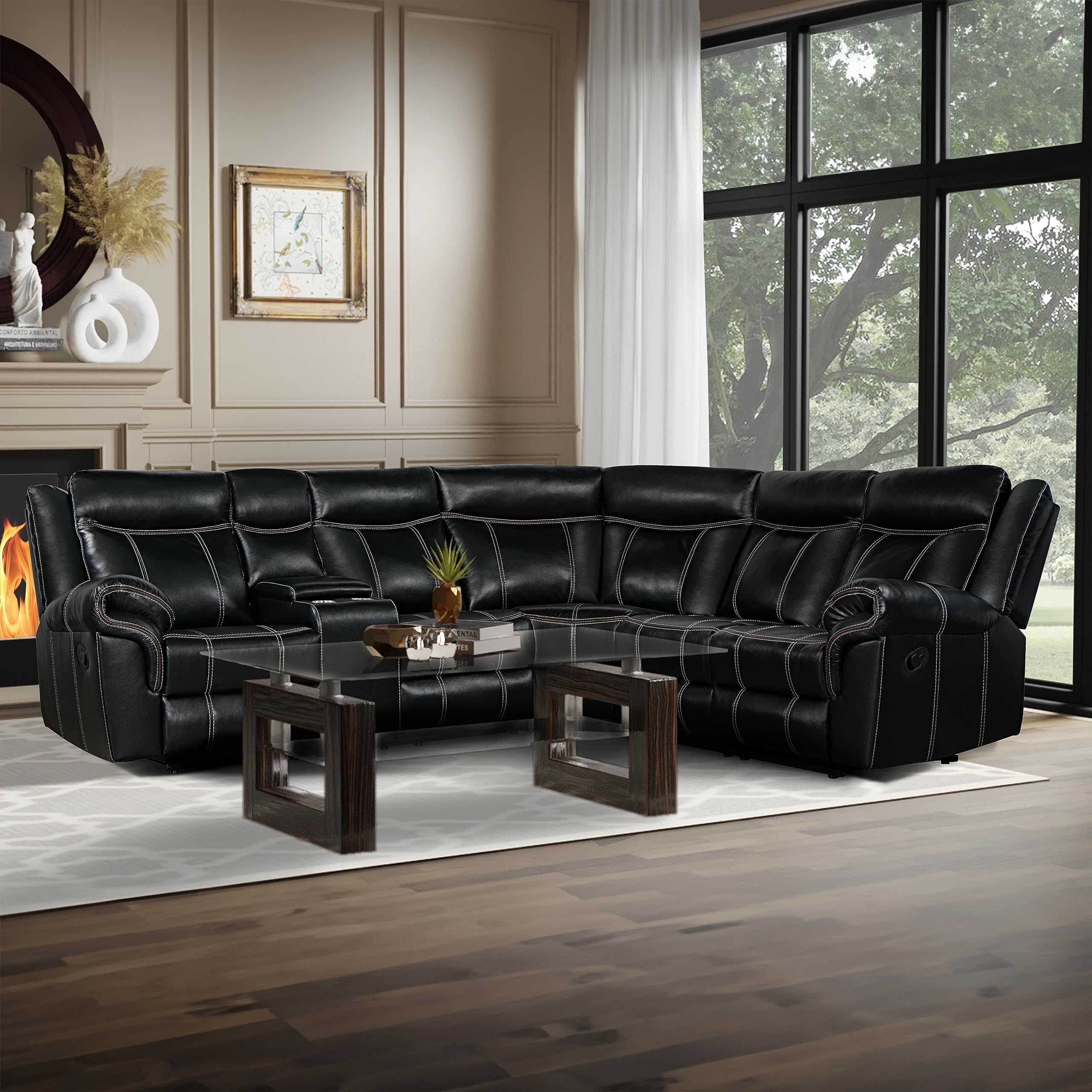 P PURLOVE Manual Recliner Sofa - L-Shaped Couch with Cup Holder, Hidden Storage, 2 USB Ports & 2 Power Outlets | Home Theater Seating for Living Room, Bedroom & Media Room (Black) | Perfect for Movie Nights, Gaming & Relaxing