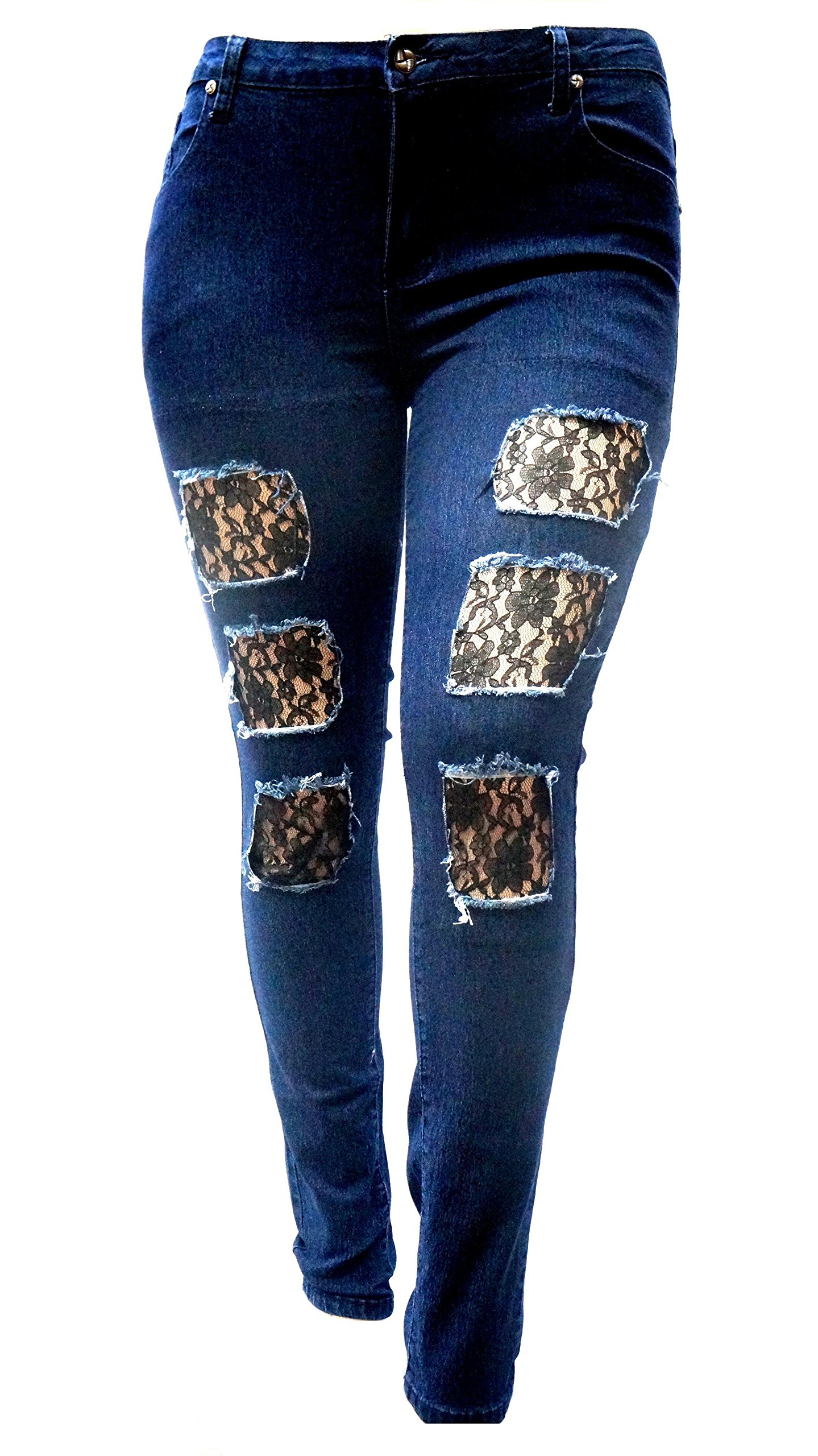 Plus Size Women's Fishnet Distressed Skinny Jeans - Stretch Denim Pants in DRK Blue for Casual Wear & Night Out