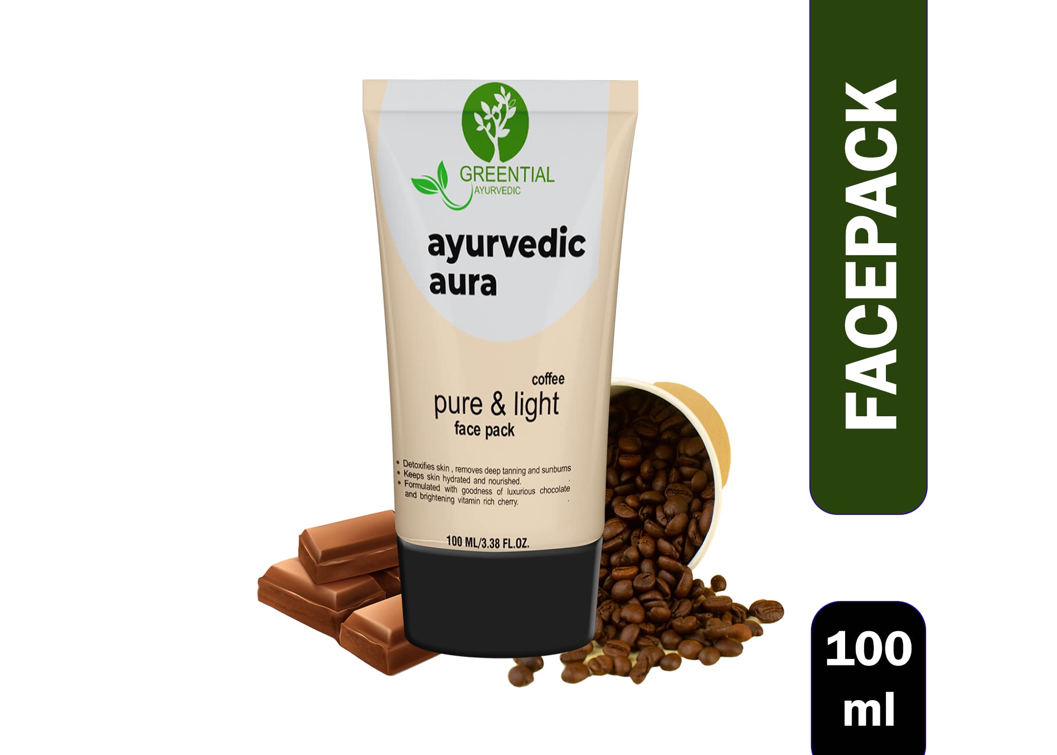 GREENTIAL AYURVEDIC Aura Coffee Face Pack 100ml - Cocoa, Coffee & Aloe Vera Infused for Deep Cleansing, Brightening & Detoxifying - Smoothens Skin with Natural Ingredients - Perfect for Morning Skincare Routine & Spa Days