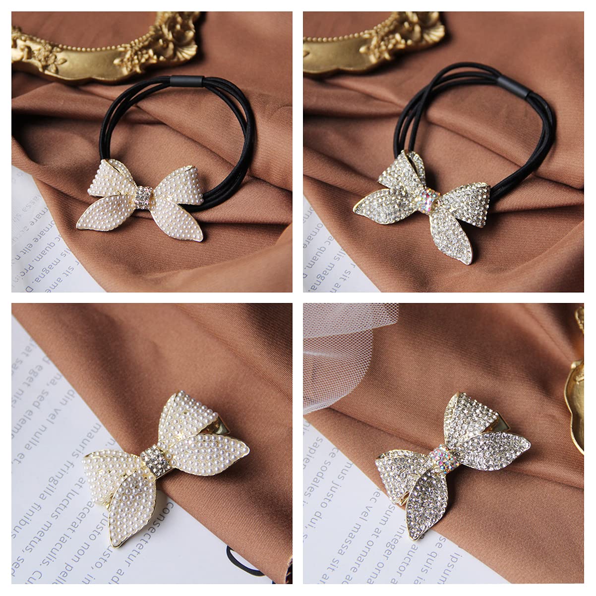 Pearl Rhinestone Bowknot Hair Ties & Duckbill Hair Clips Set for Women & Girls - Elegant Hair Accessories for Parties, Weddings & Daily Styling