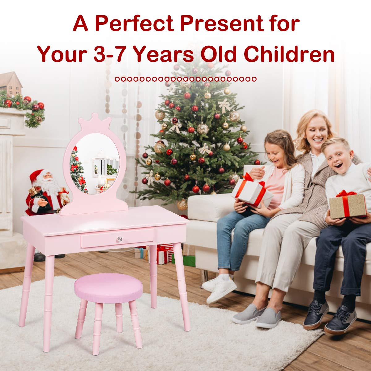KOTEK Princess Vanity Set with Mirror & Stool - Crown Themed Kids Makeup Dressing Table with Drawers, Solid Wood Legs, Pretend Play Furniture for Little Girls (Pink) | Perfect for Birthday Gifts, Bedroom Decor & Role Play Activities