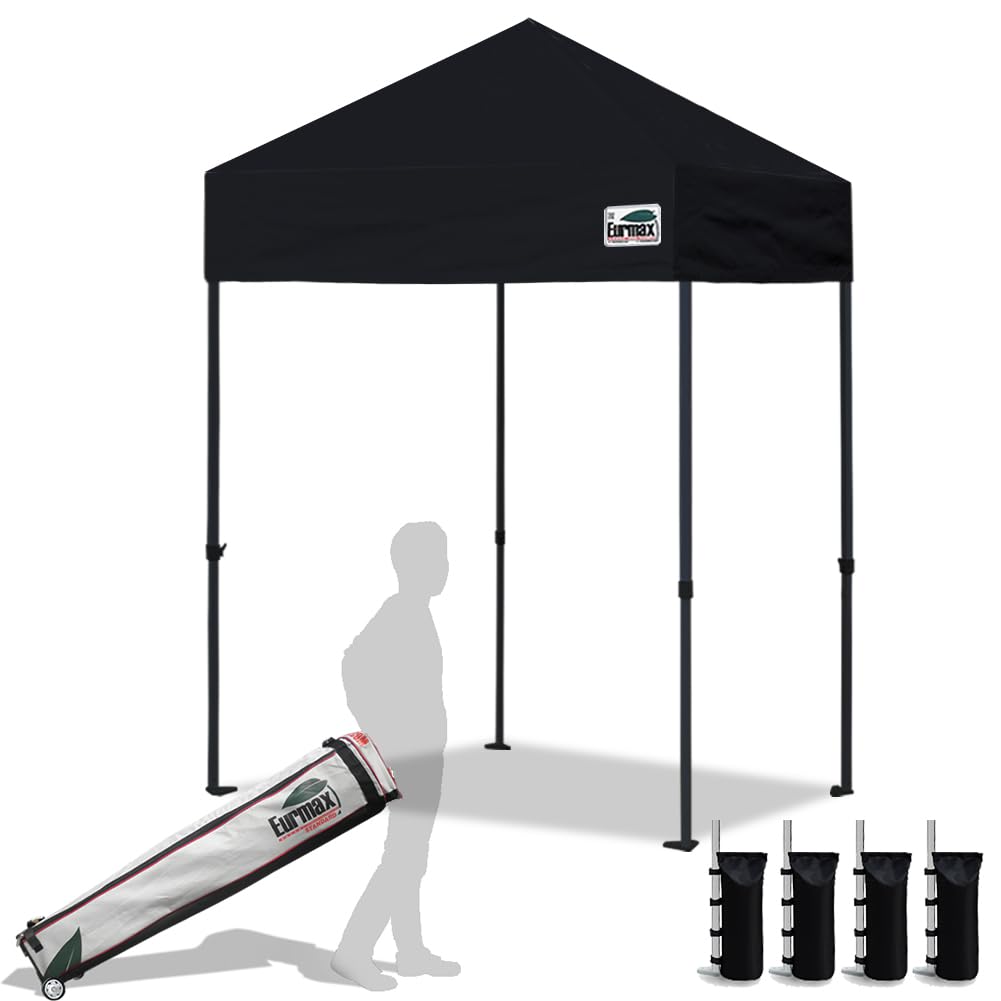 Eurmax USA 5'x5' Commercial Pop Up Canopy Tent - Heavy Duty Instant Shelter with Roller Bag & 4 Bonus Sand Weight Bags (Black) - Perfect for Outdoor Events, Farmers Markets, Beach Parties & Camping