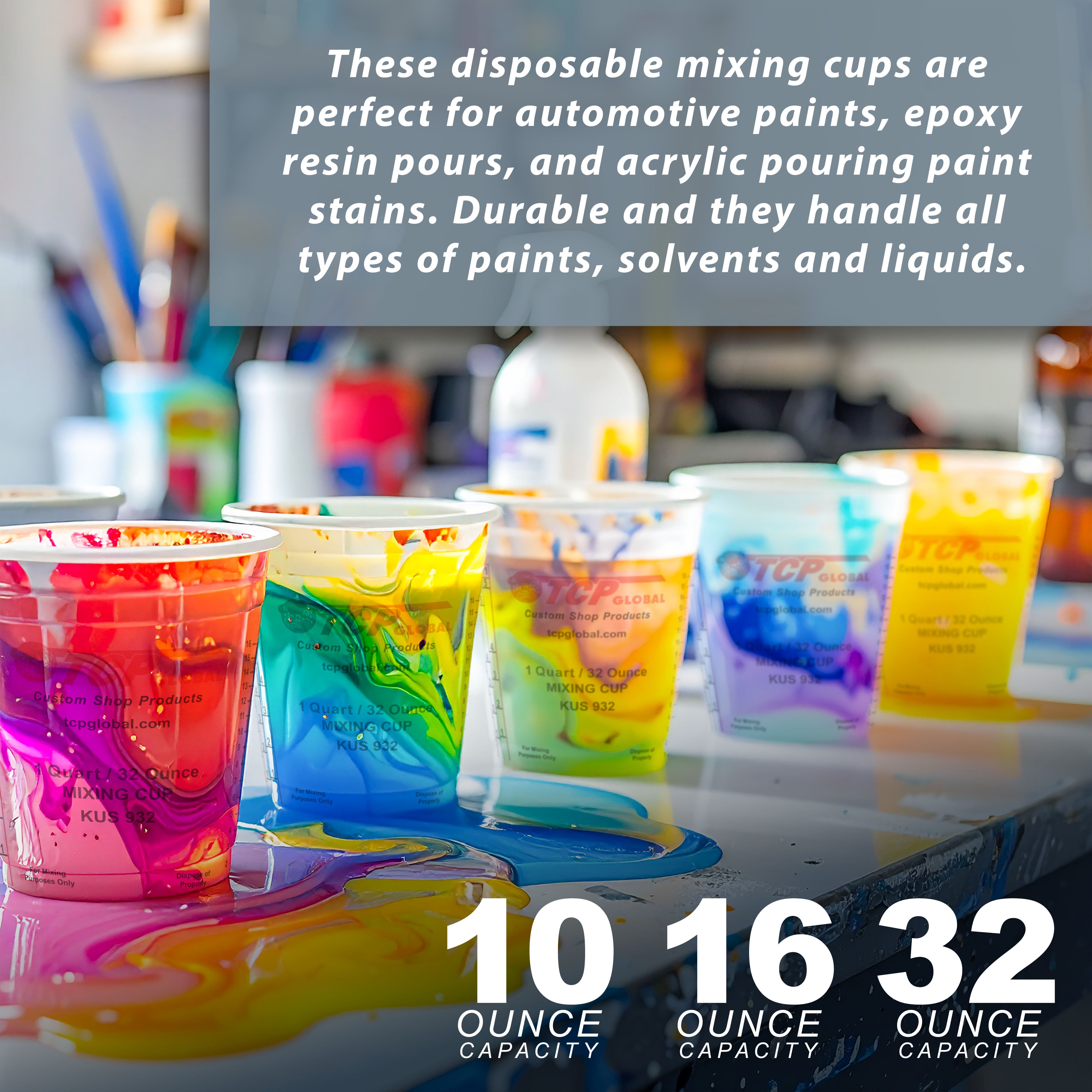 Epoxy Resin Paint Mixing Cups Kit - 10 Pack Disposable Plastic Measuring Cups with Lids, Paint Sticks, Mini Mixing Paddles, Auto Paint Strainers & Can Opener - Essential Supplies for DIY Crafts, Auto Painting & Home Improvement Projects