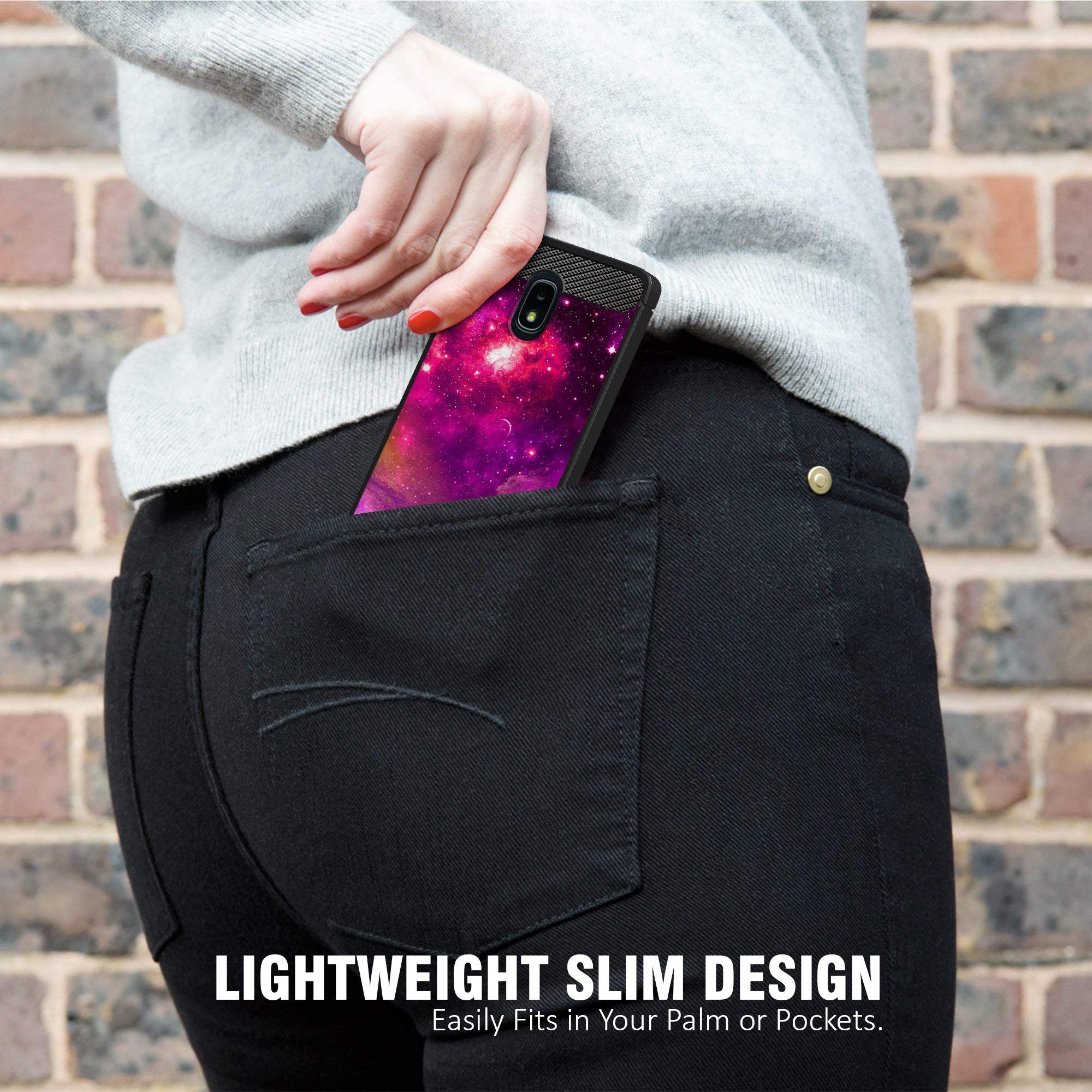 Slim Black TPU Case for Samsung J3 (2018) / J3 Star / J3 Achieve / Express Prime 3 / J3 Orbit / Amp Prime 3 - Shockproof Flexible Protective Phone Cover with Pink Galaxy Stars Design | Perfect for Everyday Use, Travel & Outdoor Activities
