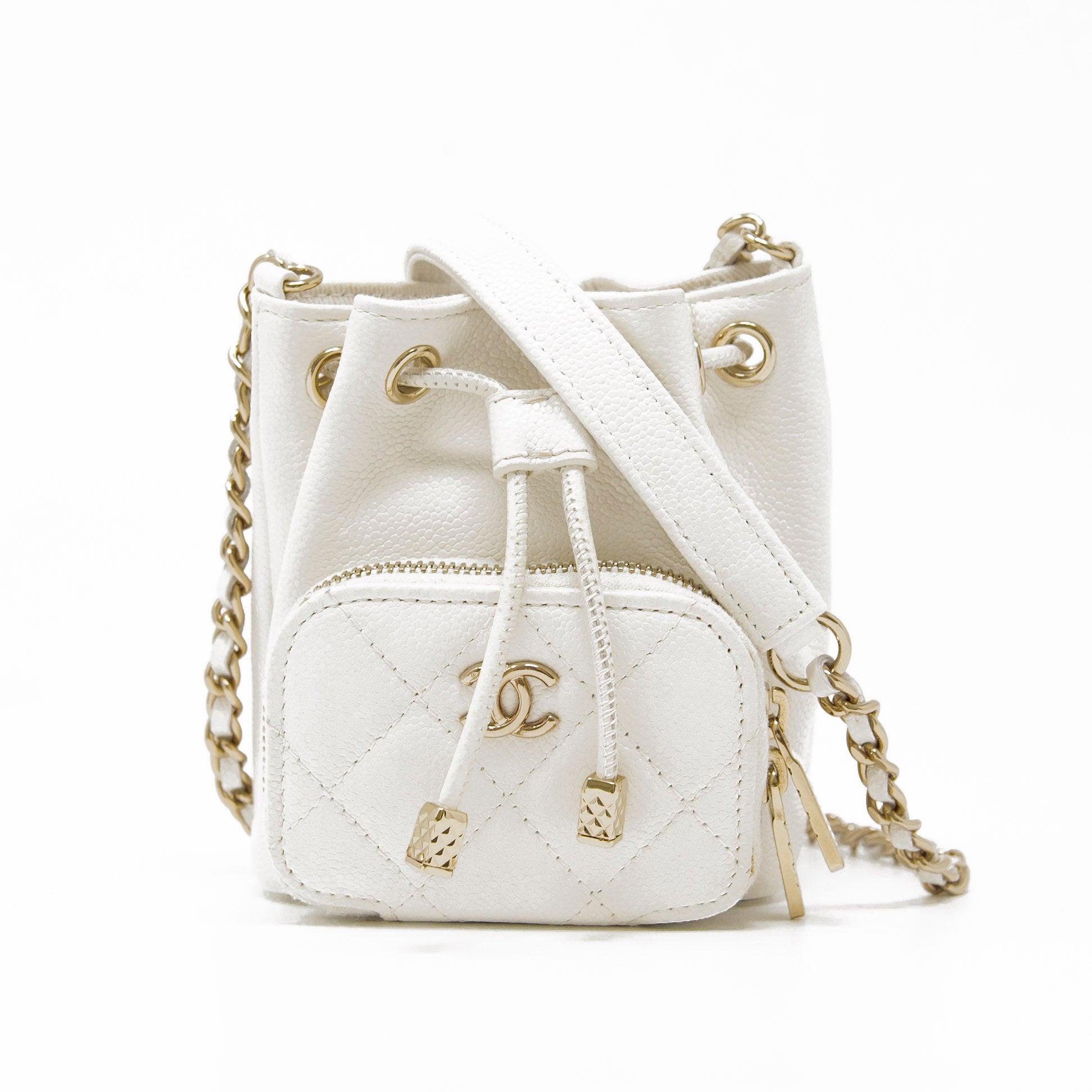 Chanel White Mini Pocket Bucket Bag - Luxury Crossbody Handbag for Women | Perfect for Date Night, Shopping & Travel