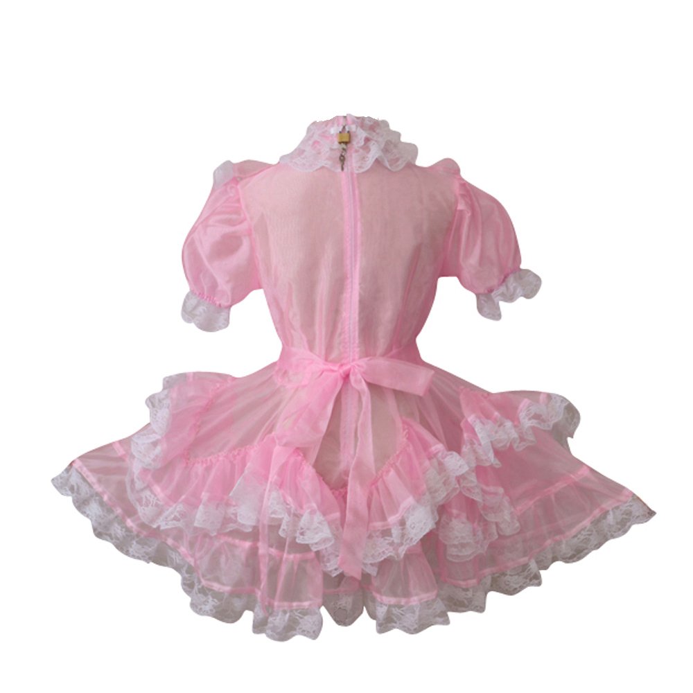 Elegant Pink Organza Lockable Maid Dress Uniform for Women - Perfect for Cosplay, Halloween, and Themed Parties