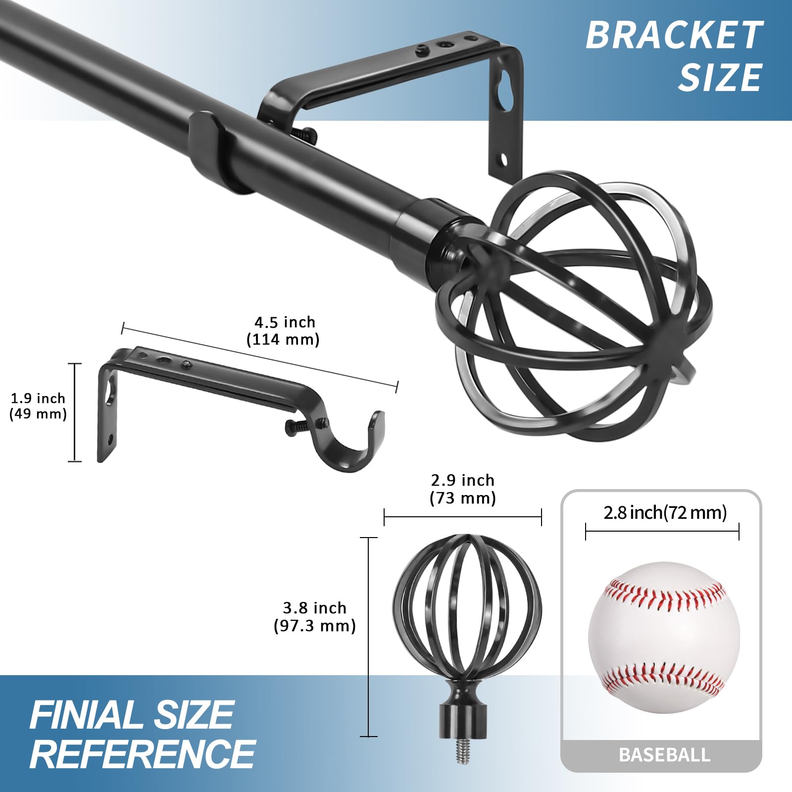 Urbanest Steel Cage Ball Window Drapery Curtain Rod Set - Adjustable 28 to 48 Inches, Black - Perfect for Living Room, Bedroom & Modern Home Decor