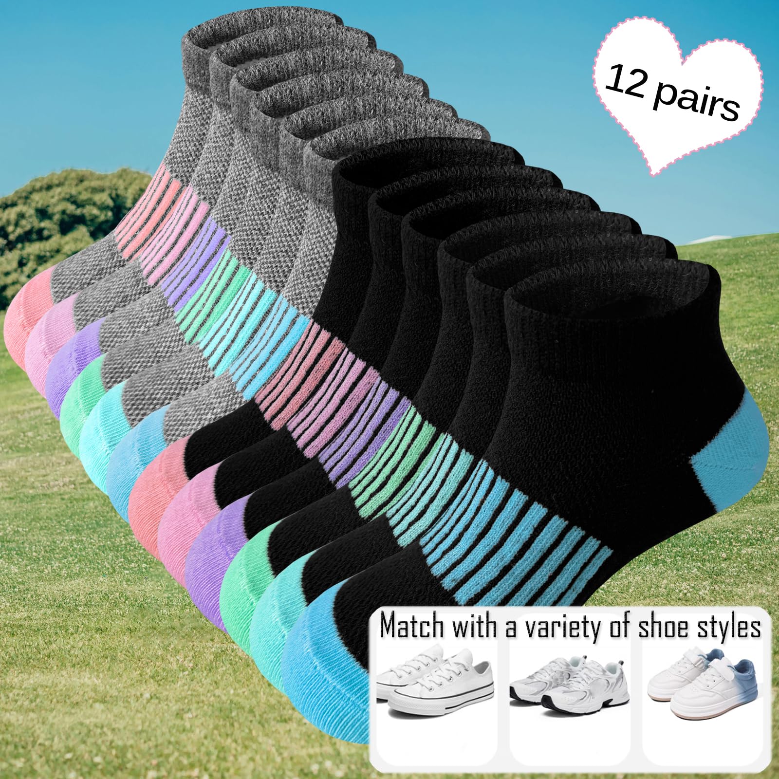 Bemeol 12 Pairs Girls Ankle Socks - Athletic Running Low Cut Socks for Kids - Perfect for School, Sports & Daily Wear