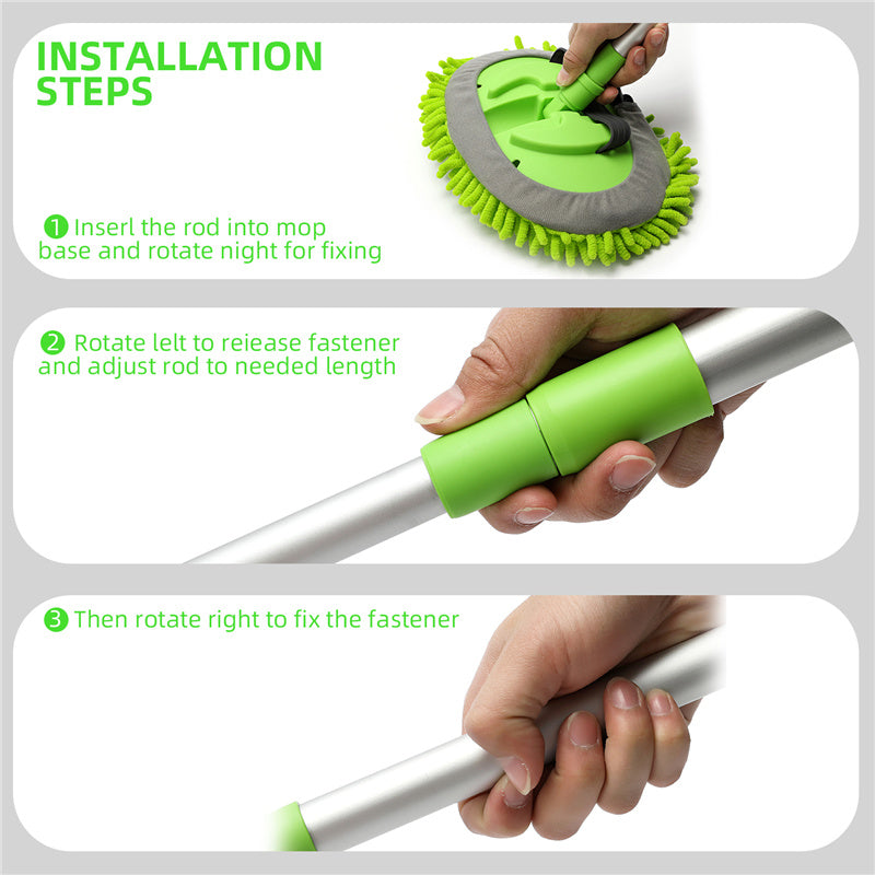 3 in 1 Chenille Wash Mop & Window Cleaner with Removable Car Wash Mitt (3.75 ft) - Perfect for Home, Car, and Window Cleaning - Multi-Surface Cleaning Tool for Floors, Vehicles, and Glass