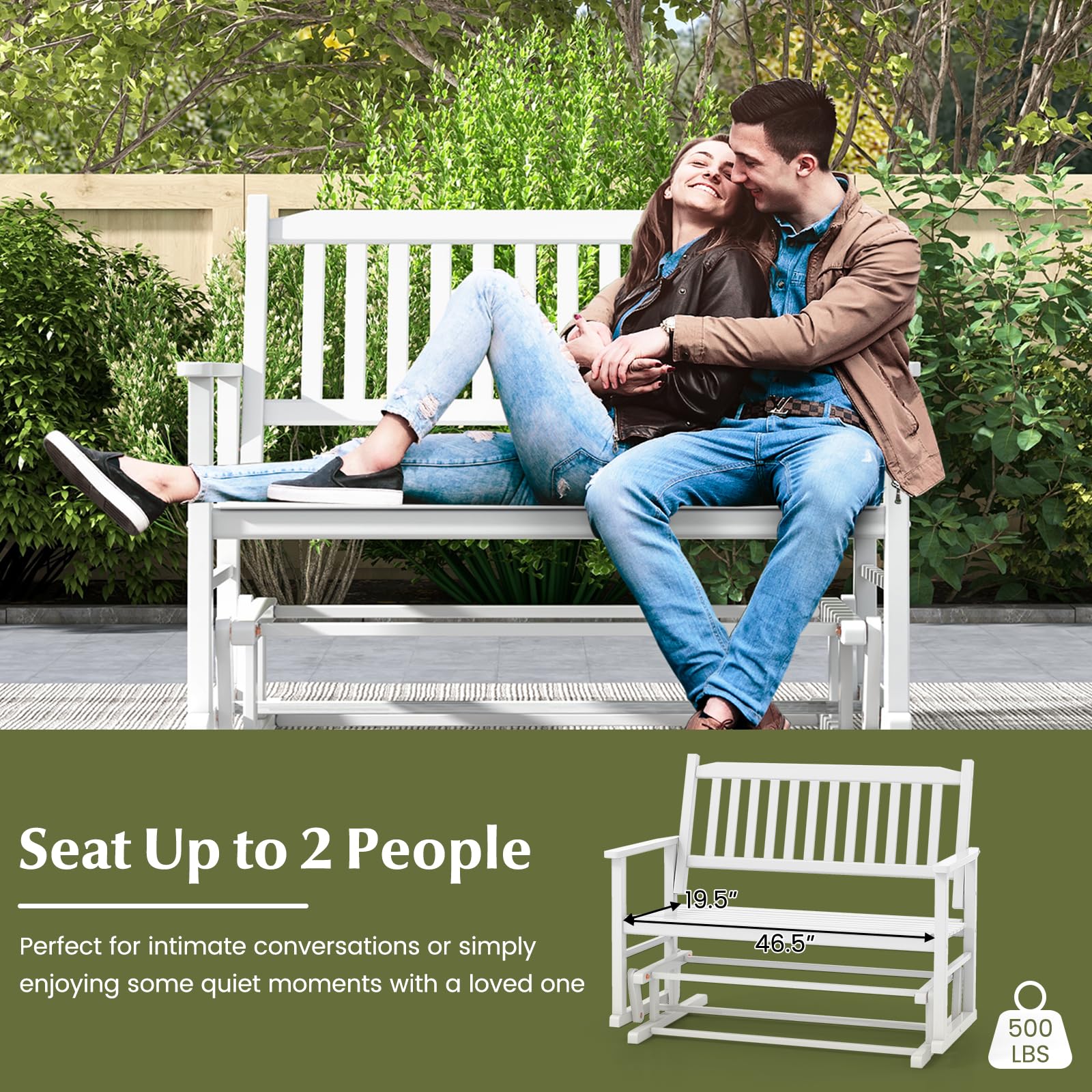 Tangkula 2-Person Outdoor Glider Bench - Poplar Wood Patio Swing Loveseat with Armrests & Slatted Seat/Backrest - White Porch Rocking Glider for Backyard, Garden, Deck - Perfect for Relaxing, Reading & Enjoying Nature
