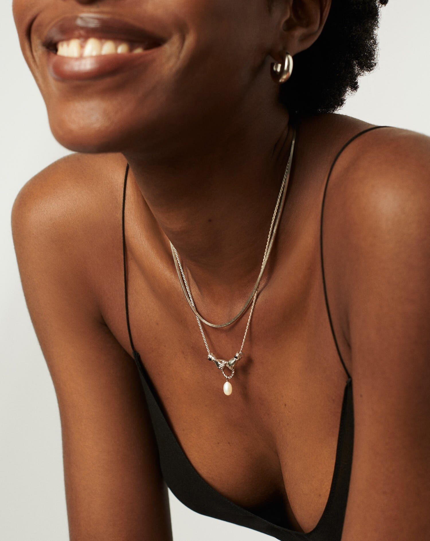 Harris Reed In Good Hands Drop Pendant Necklace - Silver Plated with Pearl & Black Onyx | Elegant Layering Necklace for Women | Perfect for Evening Parties, Weddings & Special Occasions