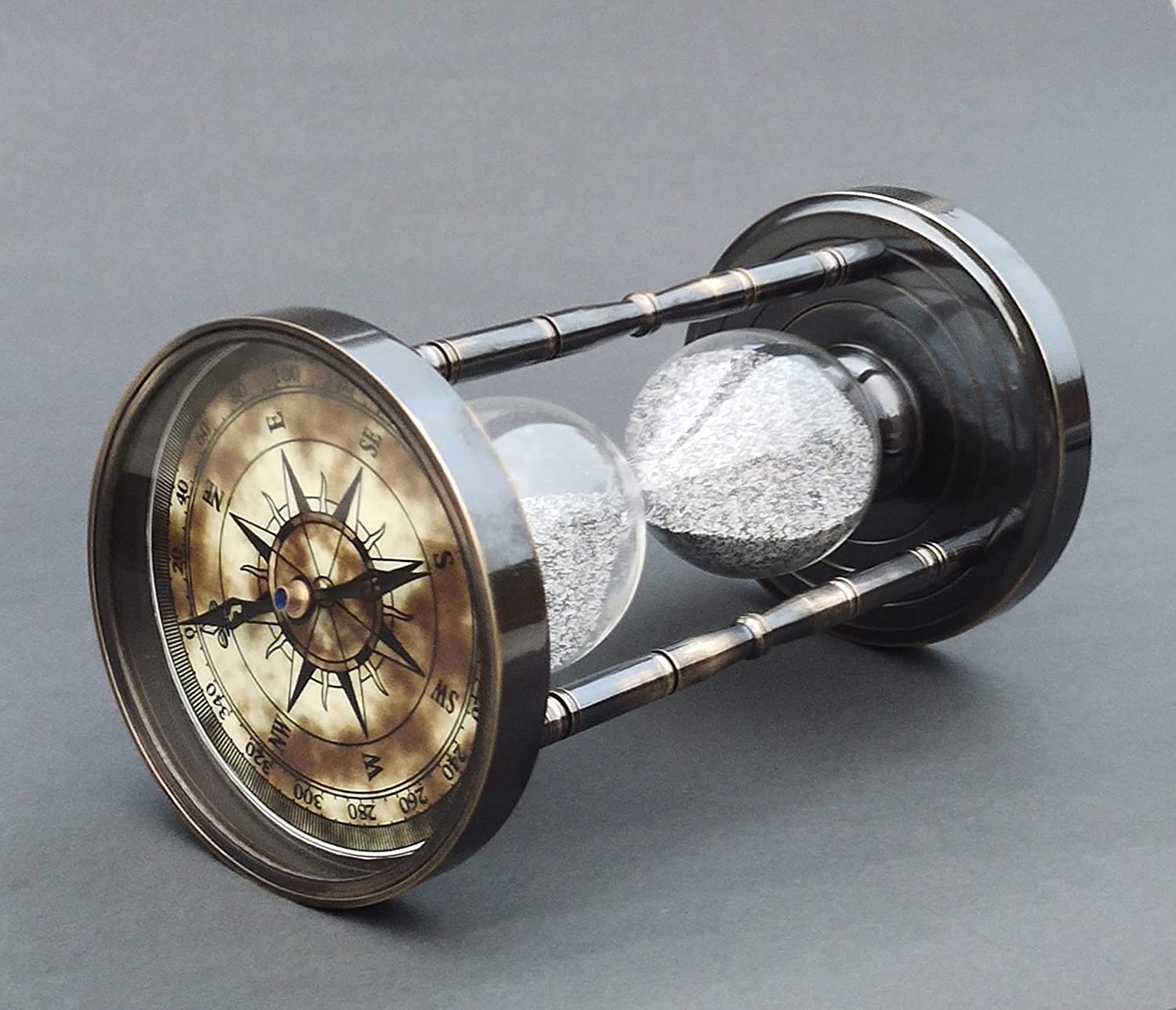 5 Minute Nautical Hourglass Sand Timer - Solid Brass with Functional Compass on Both Sides | Antique Maritime Decor | Perfect for Kitchen, Office, Meditation & Classroom Time Management (SW0076)