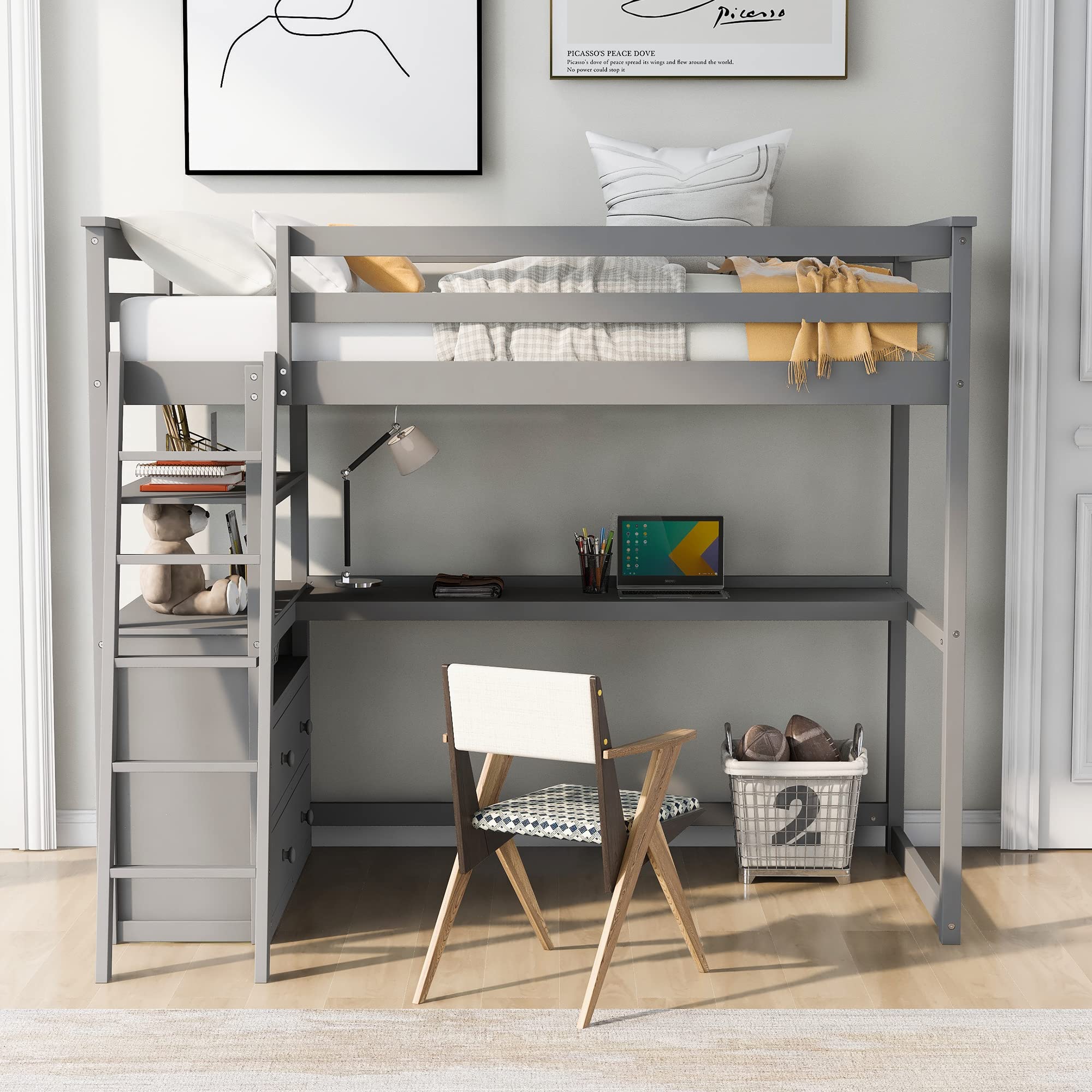 **SOFTSEA Twin Size Loft Bed with Built-in Desk & Drawers - Solid Wood High Loft Bed with Storage Shelves - Multifunctional Space-Saving Bed for Kids, Teens, Boys & Girls - Grey - Perfect for Small Bedrooms, Dorms & Apartments**