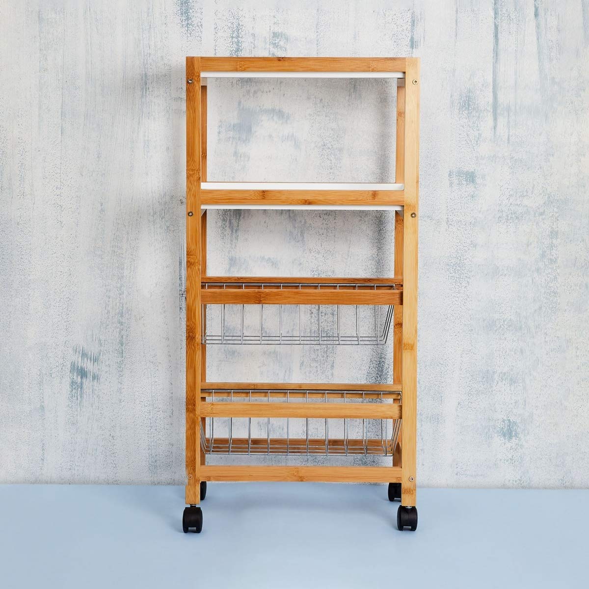 Home Centre Tranzit Wood Rectangular Kitchen Trolley - Rolling Kitchen Island Cart with Storage for Small Spaces | Perfect for Food Prep, Dining & Extra Counter Space