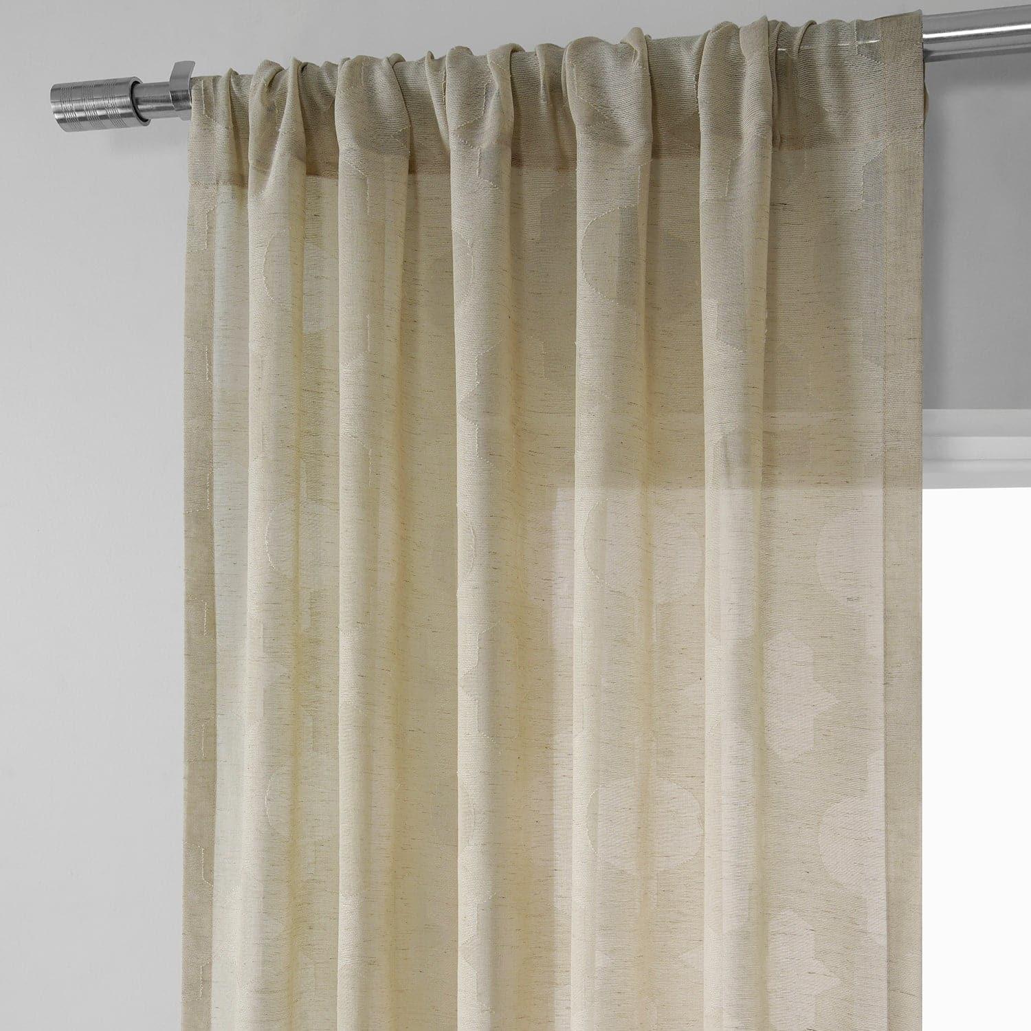 Calais Tile Beige Geometric Pattern Faux Linen Sheer Curtains - Modern Window Treatment for Living Room, Bedroom & Office