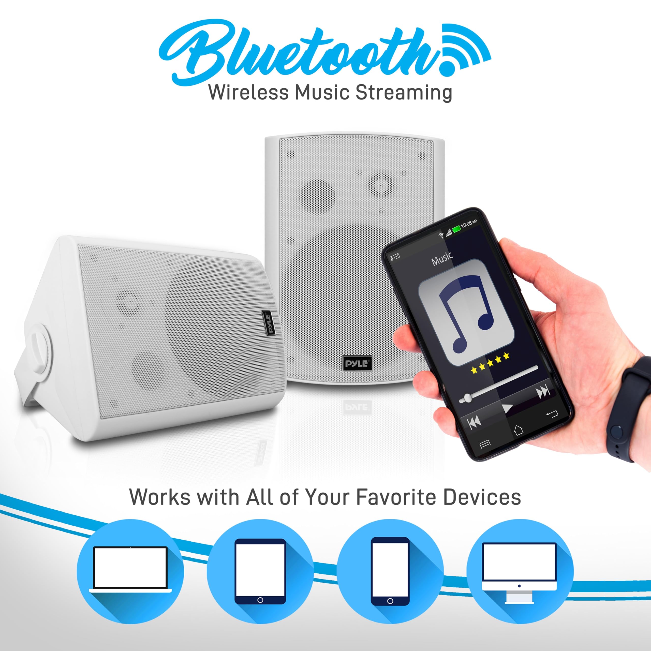Pyle 6.5 Inch Waterproof Bluetooth Wall Mount Speakers - Indoor/Outdoor Wireless Surround Sound System - White (2 Pack) - Perfect for Patio, Pool, Garage & Home Theater Setup