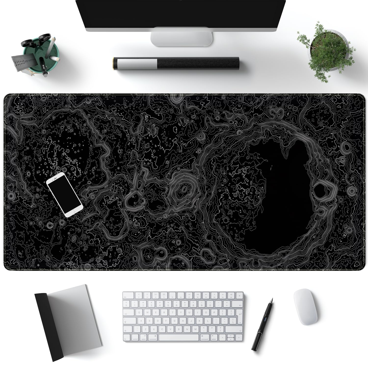 3D Black Topographic Gaming Mouse Pad - 31.5x15.7in Non-Slip Desk Mat for PC Gaming & Office Work