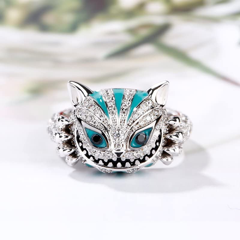 Jeulia 4.08 Carat Sterling Silver Enamel Cheshire Cat Ring for Women - Handmade White Diamond Animal Jewelry, Bridal Set for Wedding, Engagement & Anniversary Gifts - Perfect for Disney Fans, Cosplay & Unique Fashion Statements