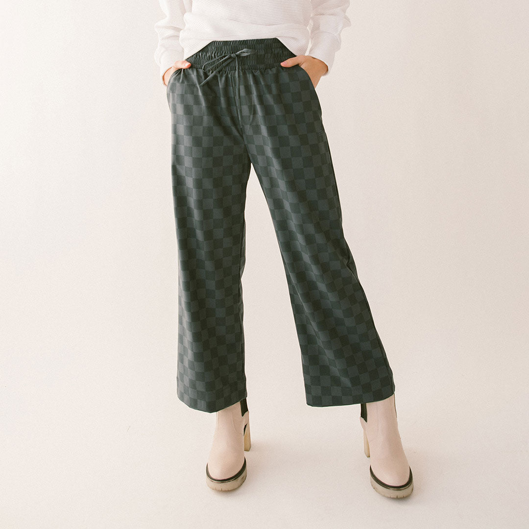 Audrey Wide Leg Pants for Women - Stylish Slate Checkered High Waist Trousers | Office Wear, Casual Outfits & Business Travel Essentials
