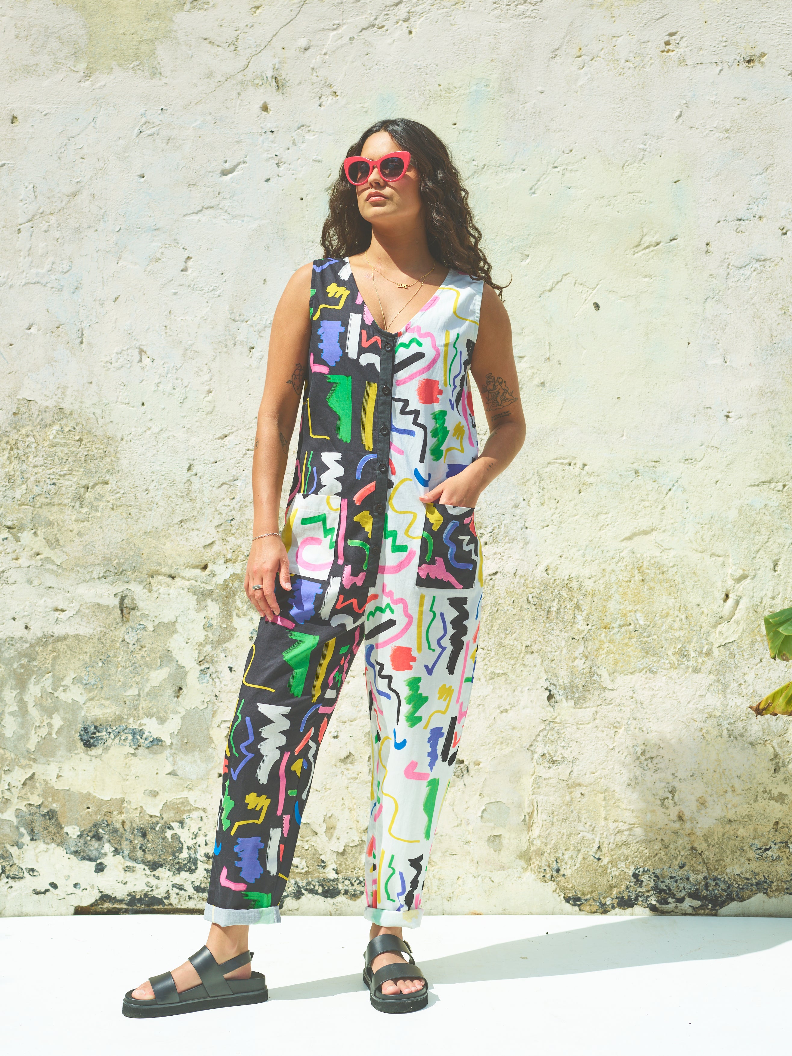 Miss Pompom Black & White Scribble Sunny Days Jumpsuit - Stylish Women's Romper for Summer Outings, Beach Vacations & Casual Wear