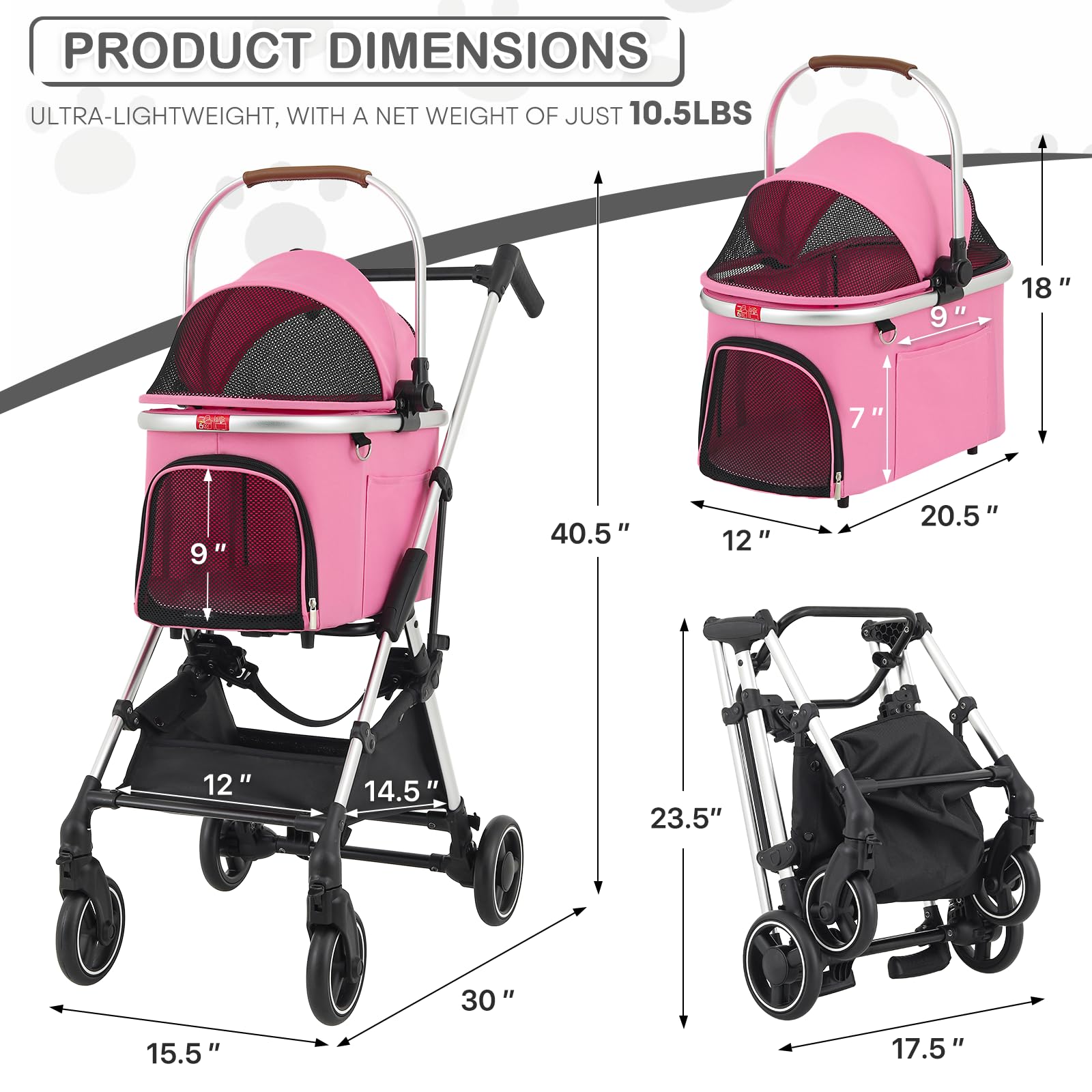 MoNiBloom Lightweight Pet Stroller for Small & Medium Dogs - Foldable Jogging Stroller with Detachable Carrier & Durable Aluminum Frame - Pink | Perfect for Walking, Traveling & Outdoor Adventures with Your Dog