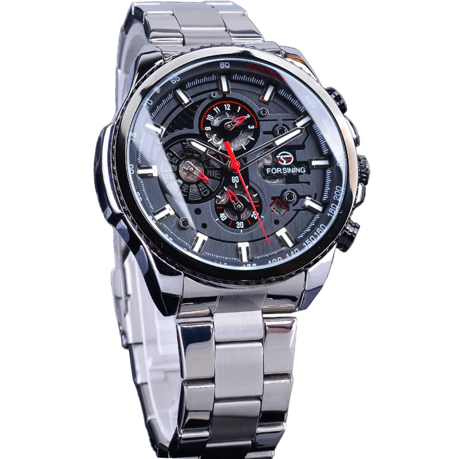 FORSINING Men's Automatic Self-Winding Luxury Stainless Steel Watch with Date, Month, Day, Stopwatch & Tachymeter - Large Dial Mechanical Wristwatch for Business, Formal & Casual Wear