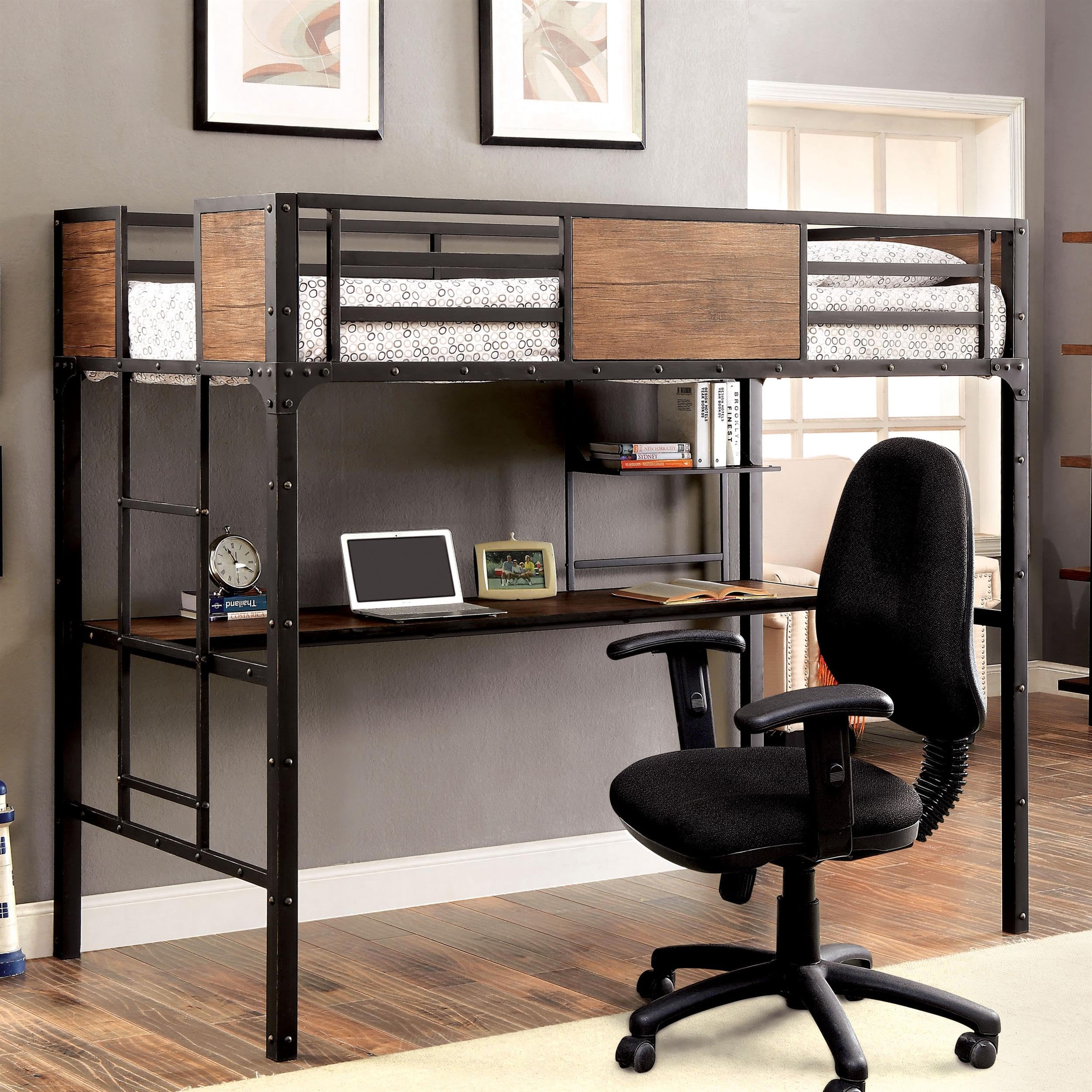 Baron Metal Twin Over Workstation Bunk Bed in Black - Space-Saving Study & Sleep Solution for Kids & Teens | Durable Metal Frame & Built-In Desk