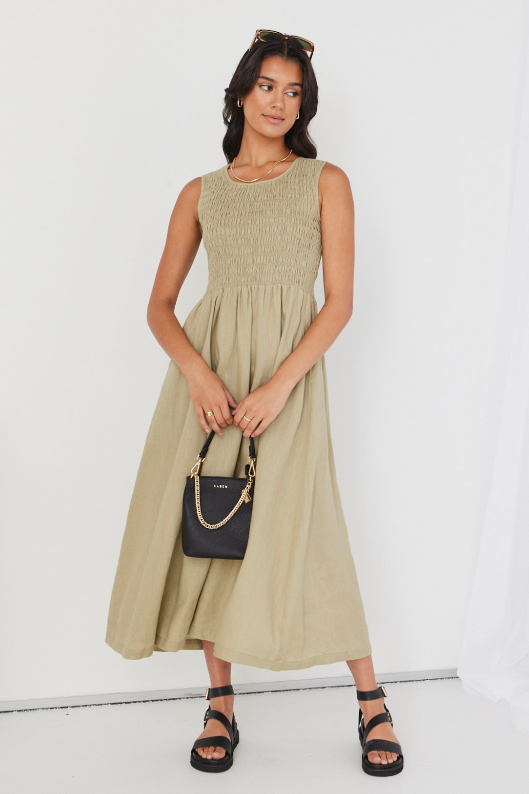 Bryar Light Khaki Linen Sleeveless Shirred Bodice Midi Dress for Women - Summer Beach Vacation & Casual Outfit